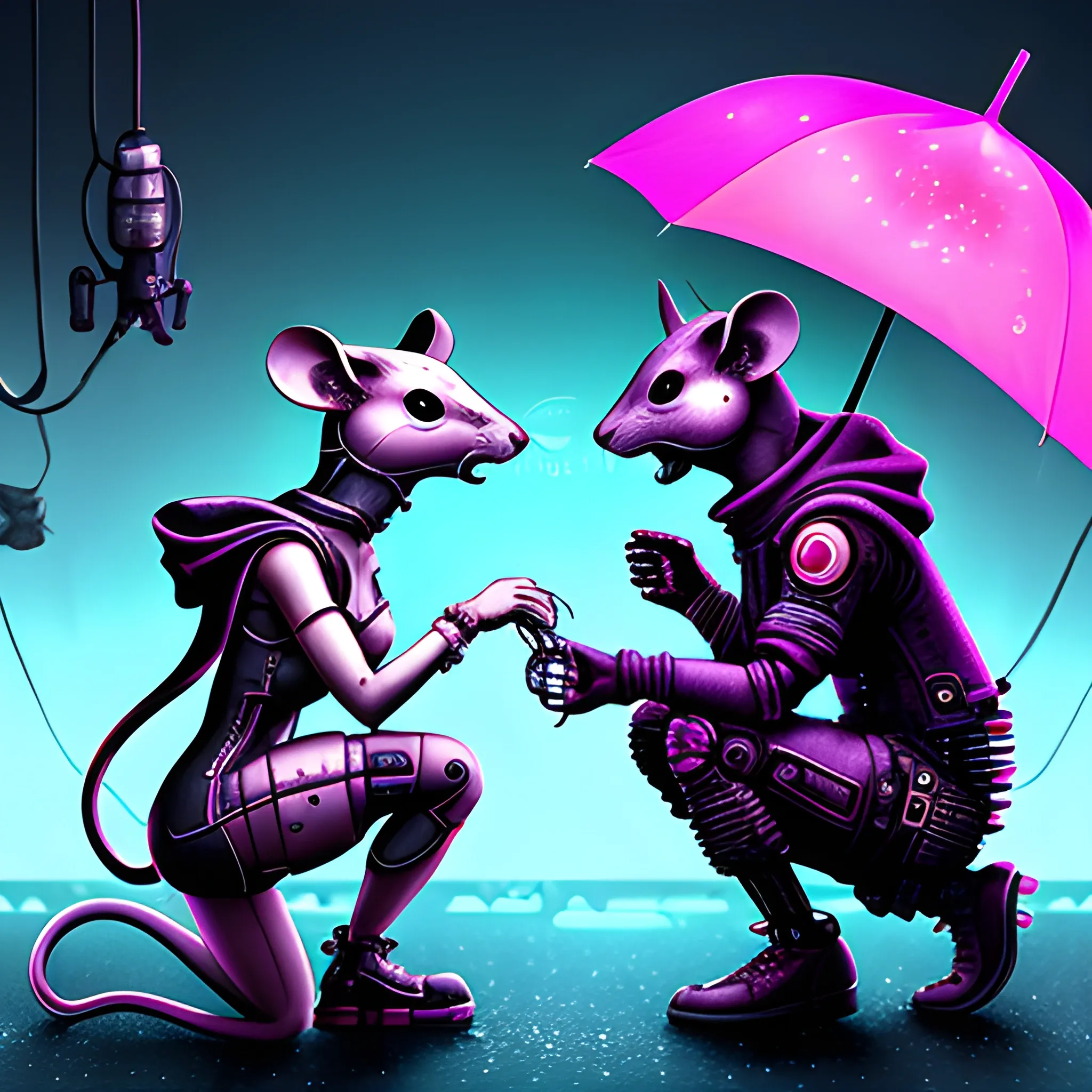 

cyberpunk, mouse, on knees, gives engagement ring to cyberpunk rat, with umbrella, Trippy