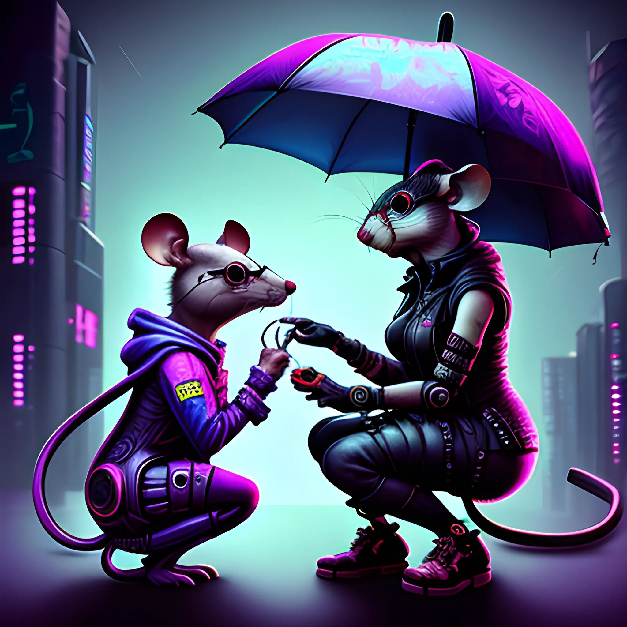 

cyberpunk, mouse, with glasses, on knees, gives engagement ring to cyberpunk rat female, with umbrella, Trippy