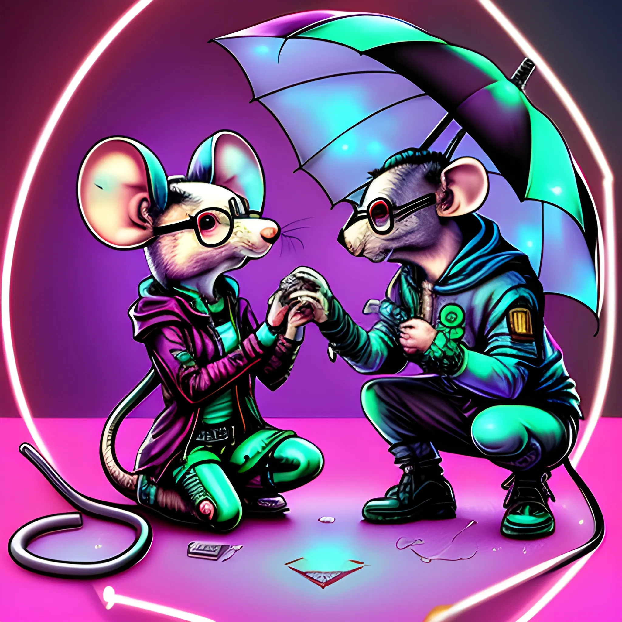 

cyberpunk, mouse, with glasses, on knees, gives engagement ring to cyberpunk rat female, with umbrella, background clear, Trippy