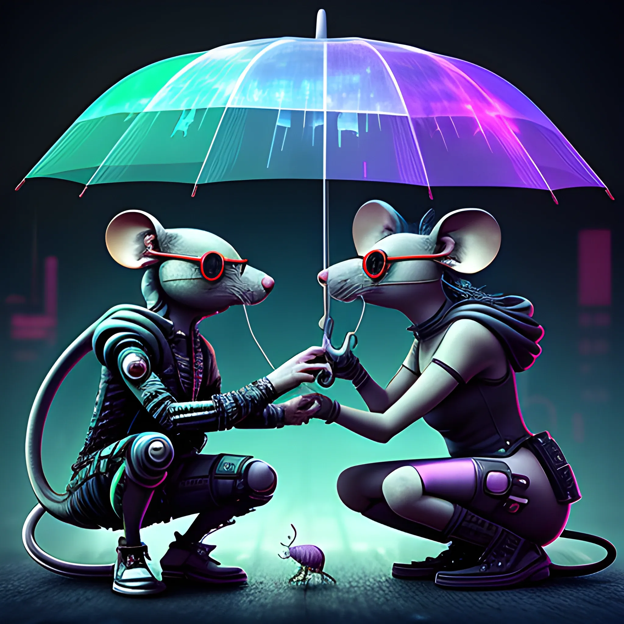 

cyberpunk, mouse, with glasses, on knees, gives engagement ring to cyberpunk rat female, with umbrella, background transparent, Trippy