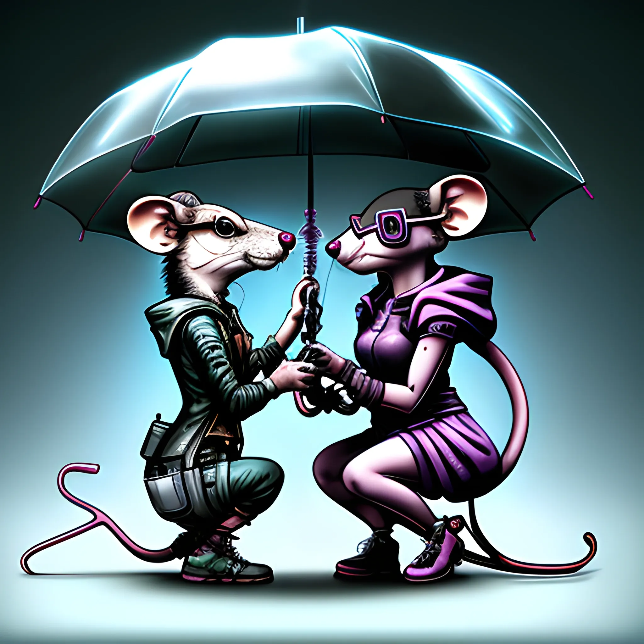 

cyberpunk, mouse, with glasses, on knees, gives engagement ring to cyberpunk rat female, with umbrella, background transparent, Cartoon