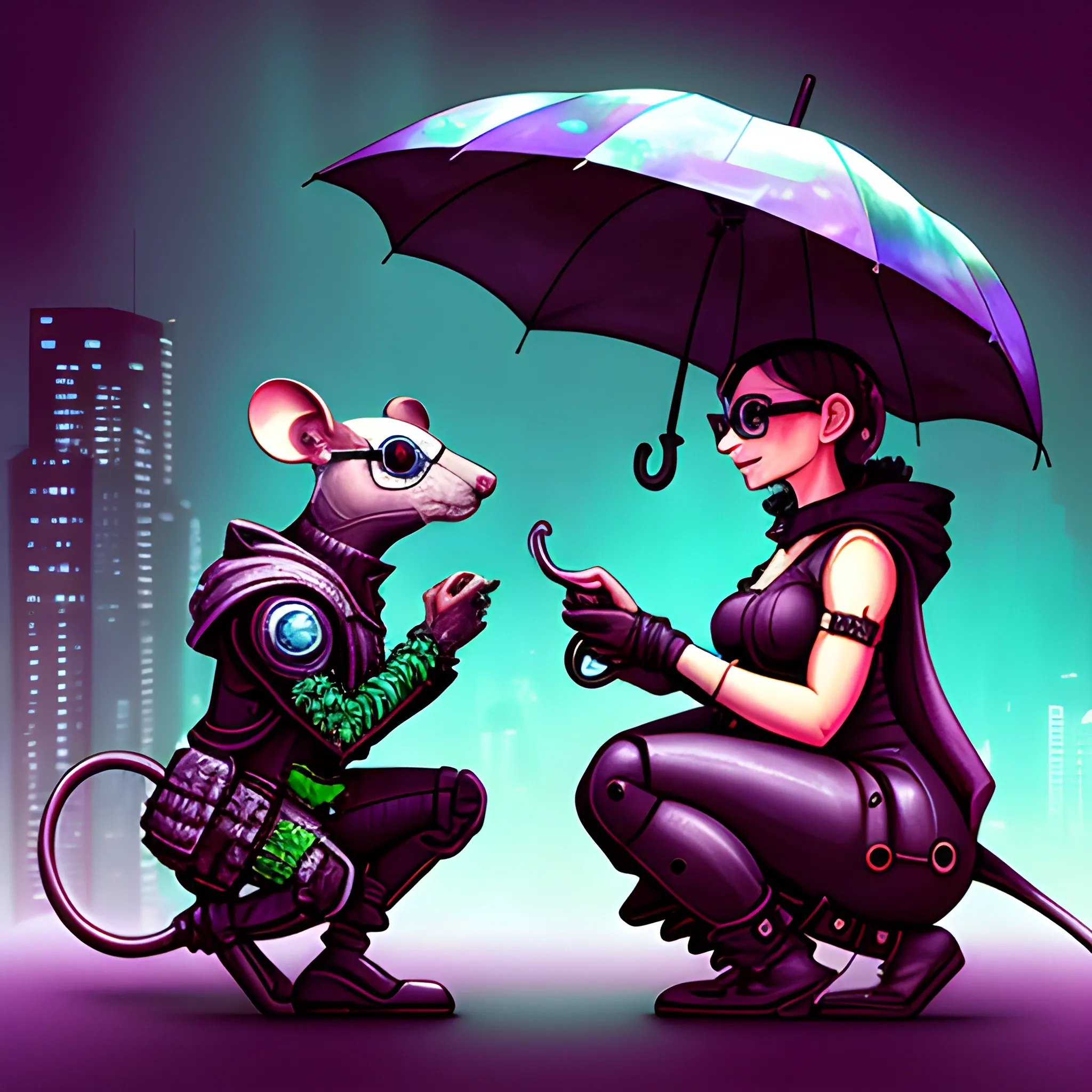 

cyberpunk, mouse, with glasses, on knees, gives engagement ring to cyberpunk rat female, with umbrella, background transparent, Water Color