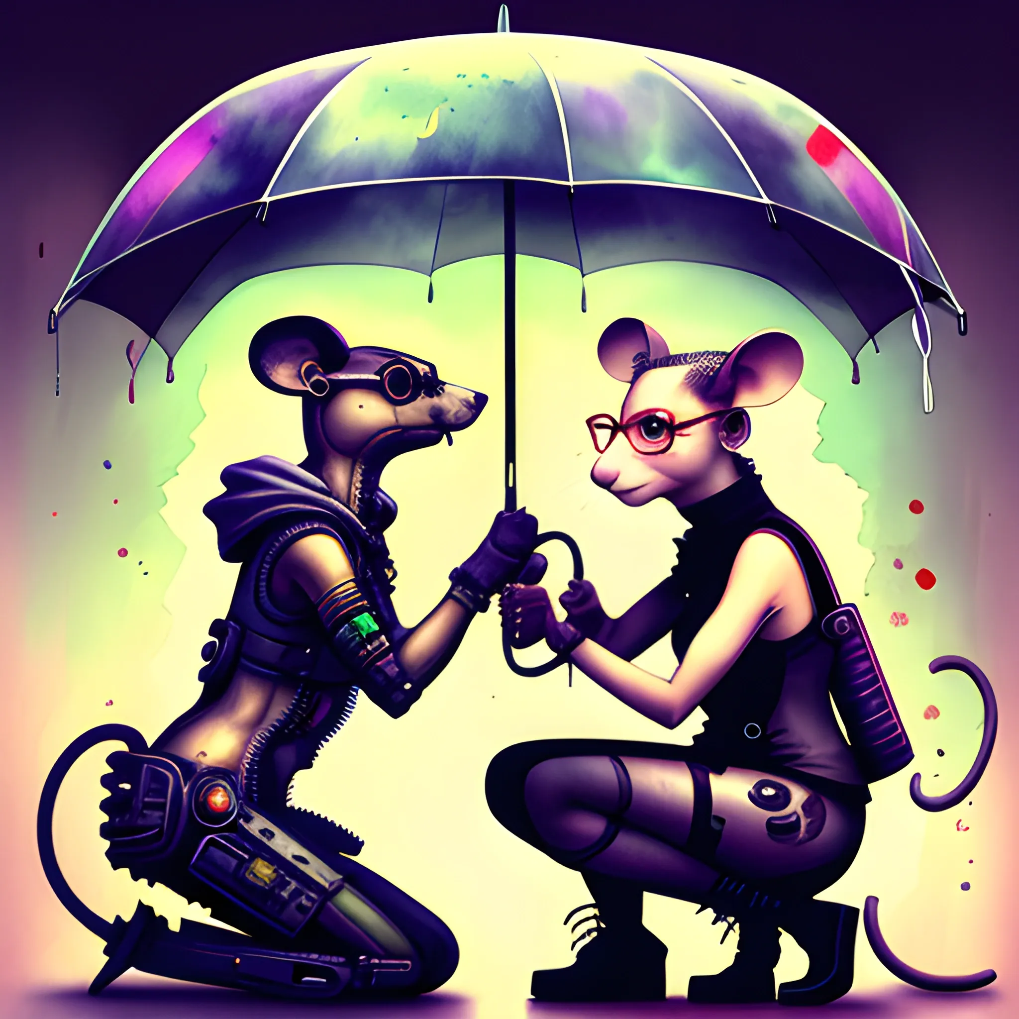 

cyberpunk, mouse, with glasses, on knees, gives engagement ring to cyberpunk rat female, with umbrella, background transparent, Water Color, ALVARO CASTAGNET style
