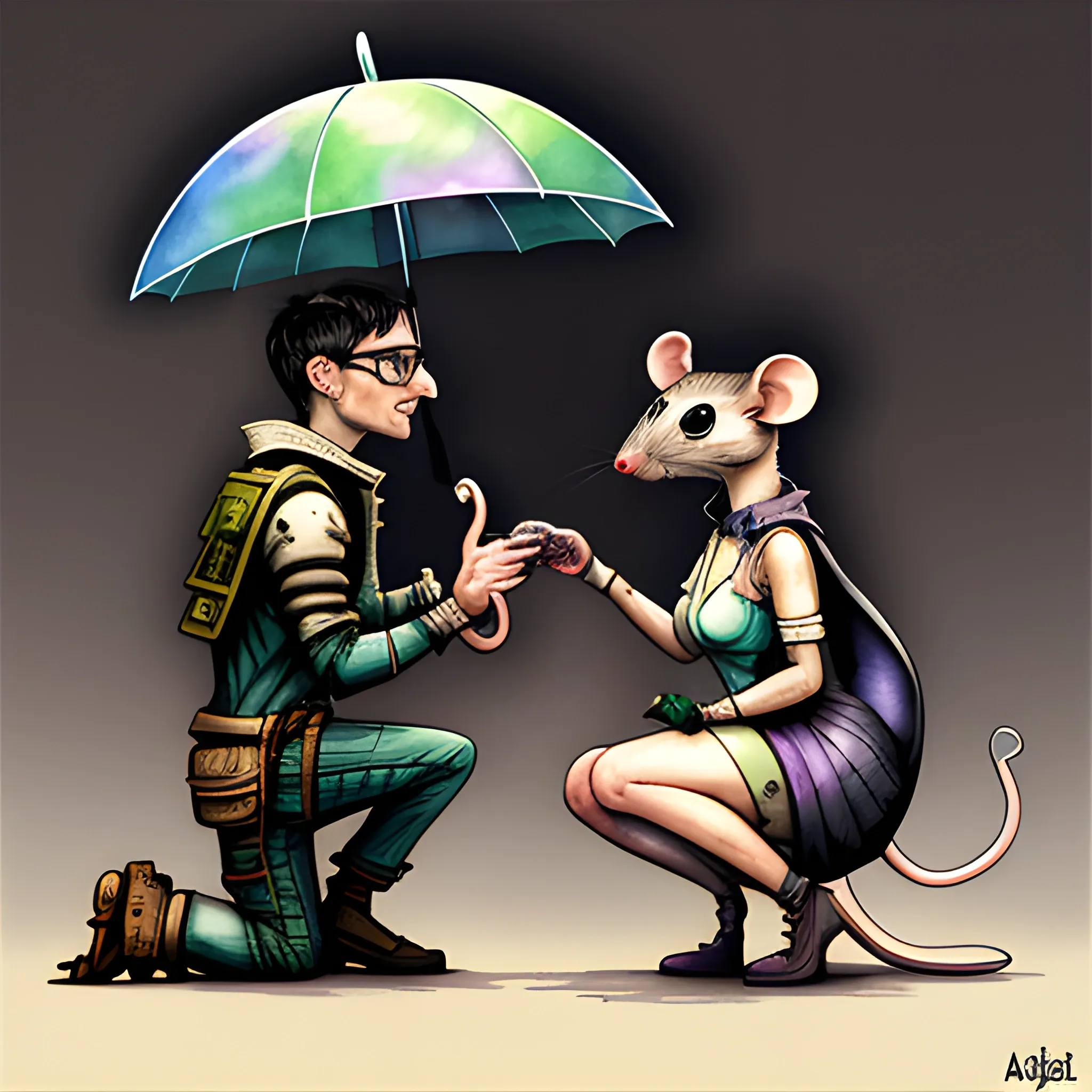 
mouse, with glasses, on knees, gives engagement ring to cyberpunk rat female, with umbrella, background transparent, Water Color, ALVARO CASTAGNET style

