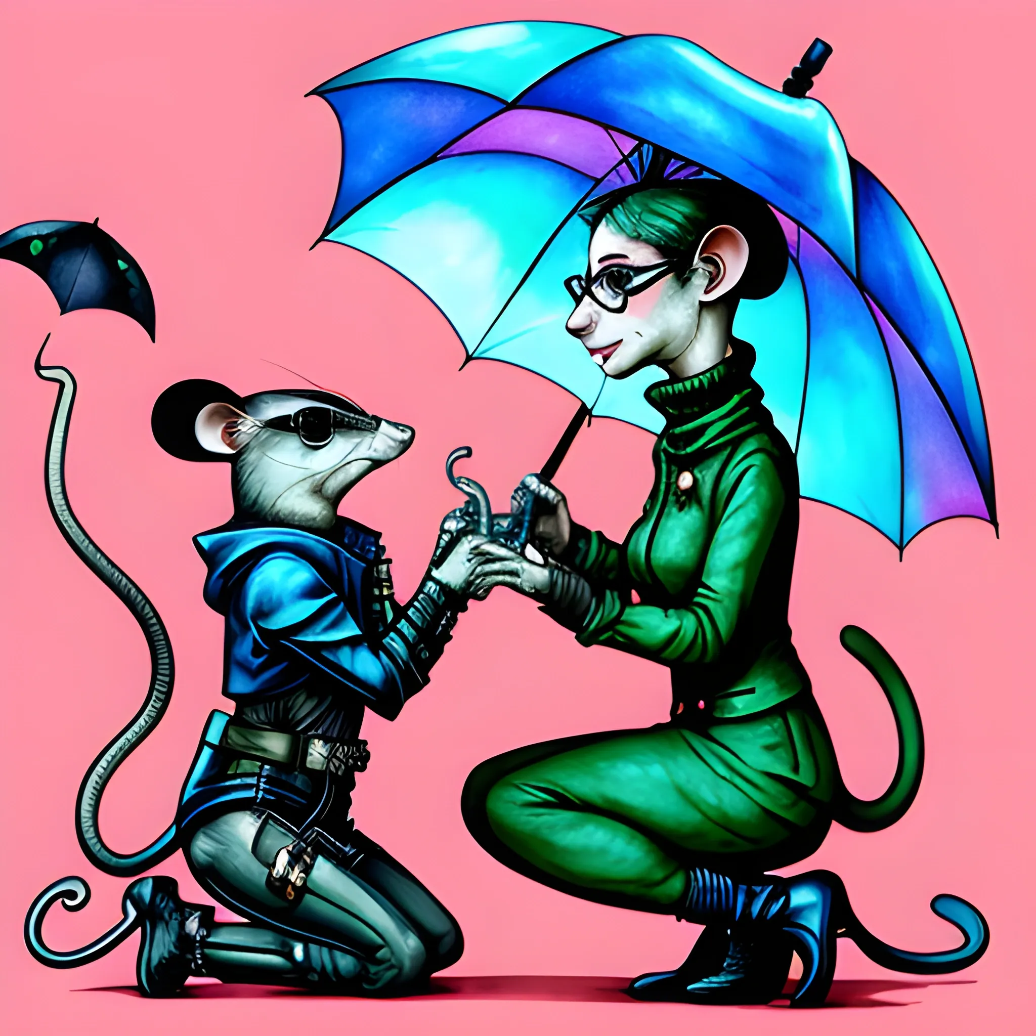 
mouse, with glasses, on knees, gives engagement ring to cyberpunk rat female, with umbrella, background transparent, Water Color, marine style
