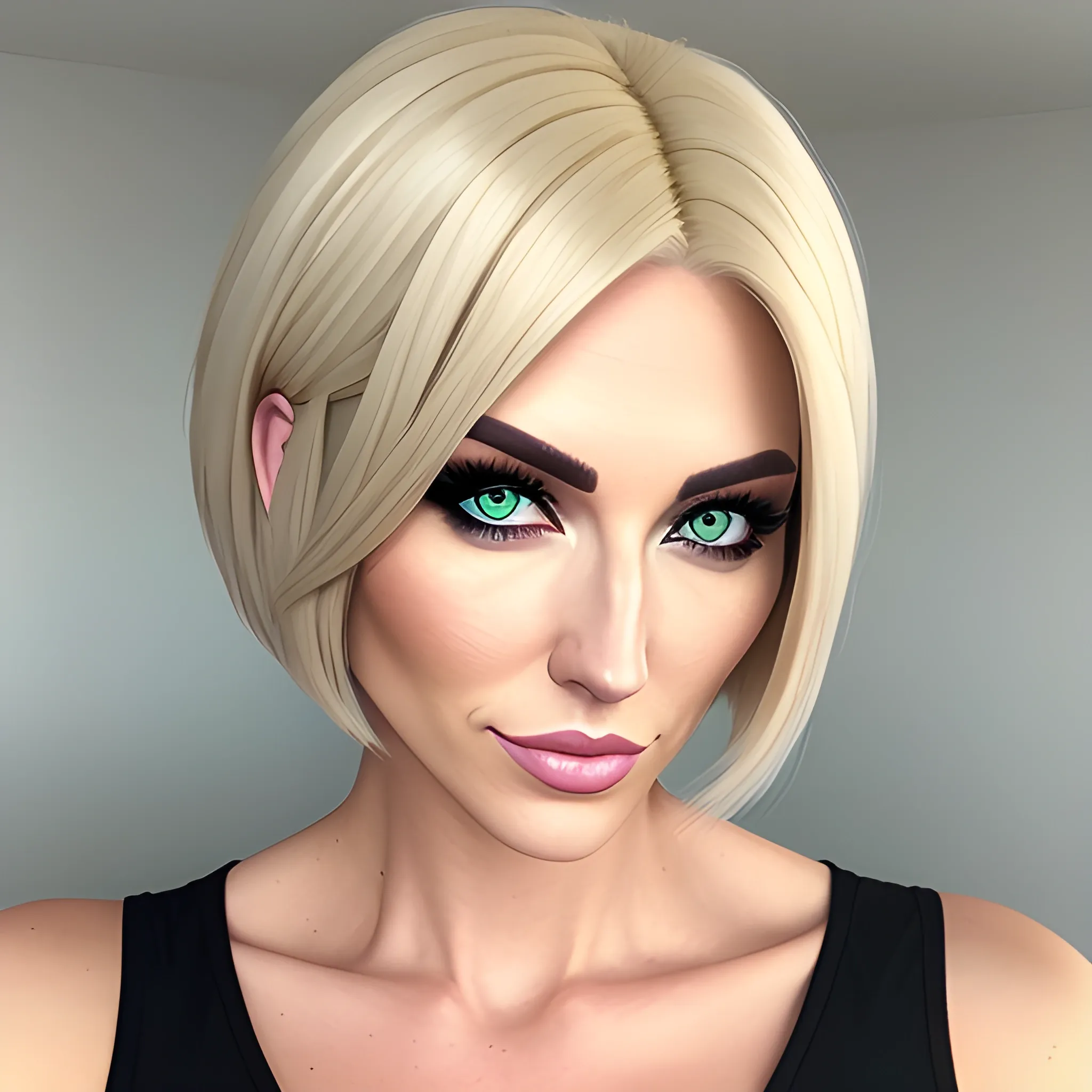 Arcane style girl blonde short hair straight hair green eyes 