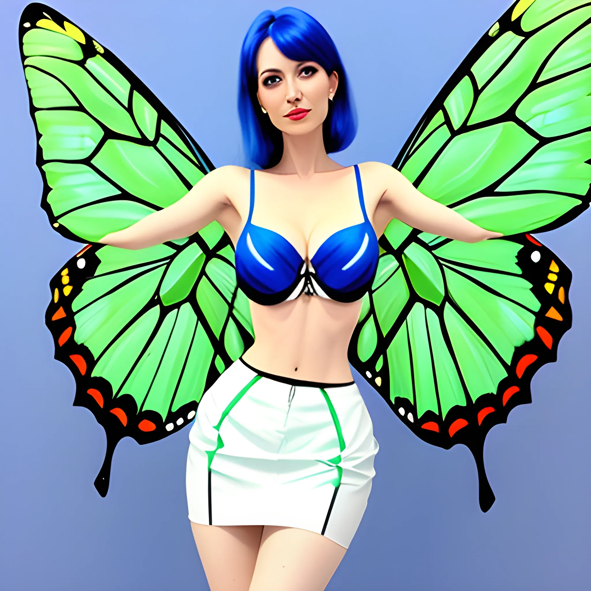 Girl posing in a butterfly skirt, blue wings, dark white and light green gouache, unique perspective