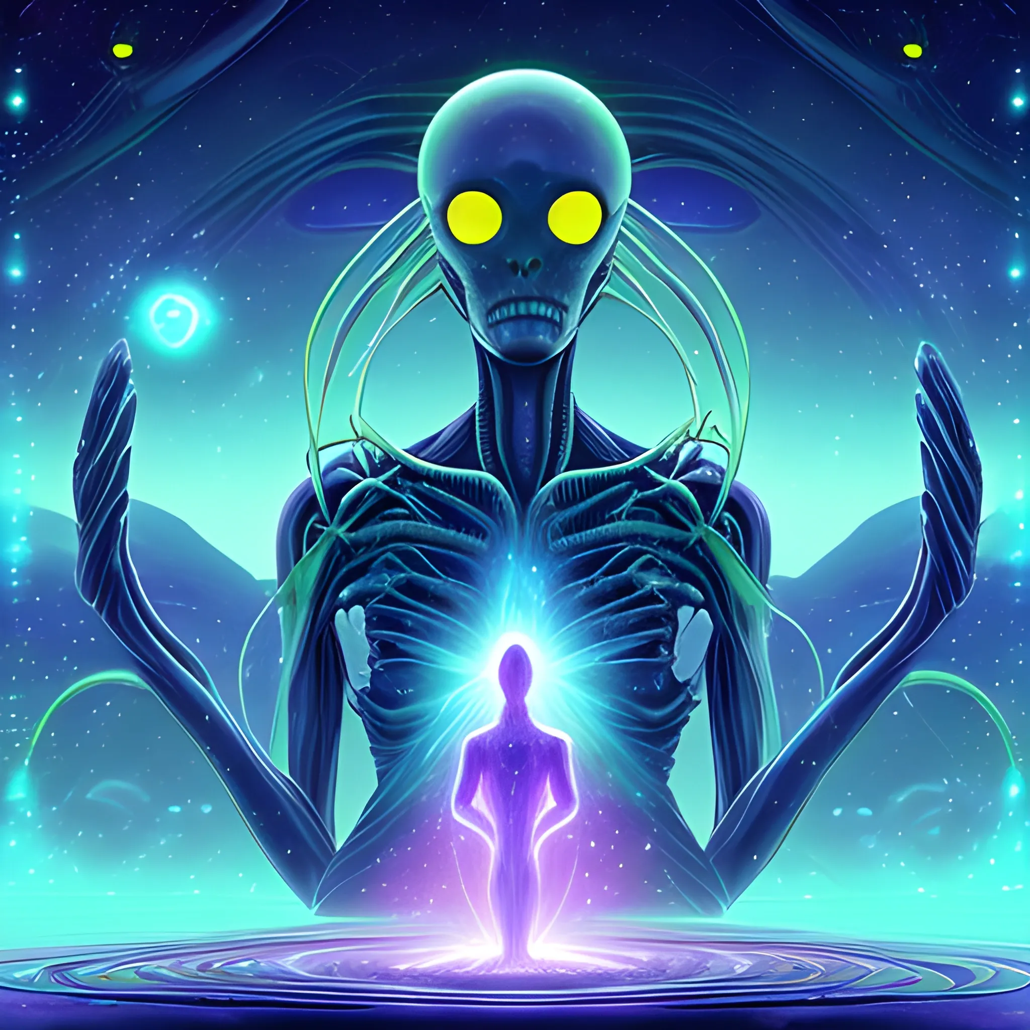 Otherworldly Greeting, Unearthly Presence, Cosmic Connection, Cinematic Encounter, Radiant Emanation, 3D Style, Alien Anime, width 960, height 540, seed: 566136464, step:60, version: SH_Deliberate