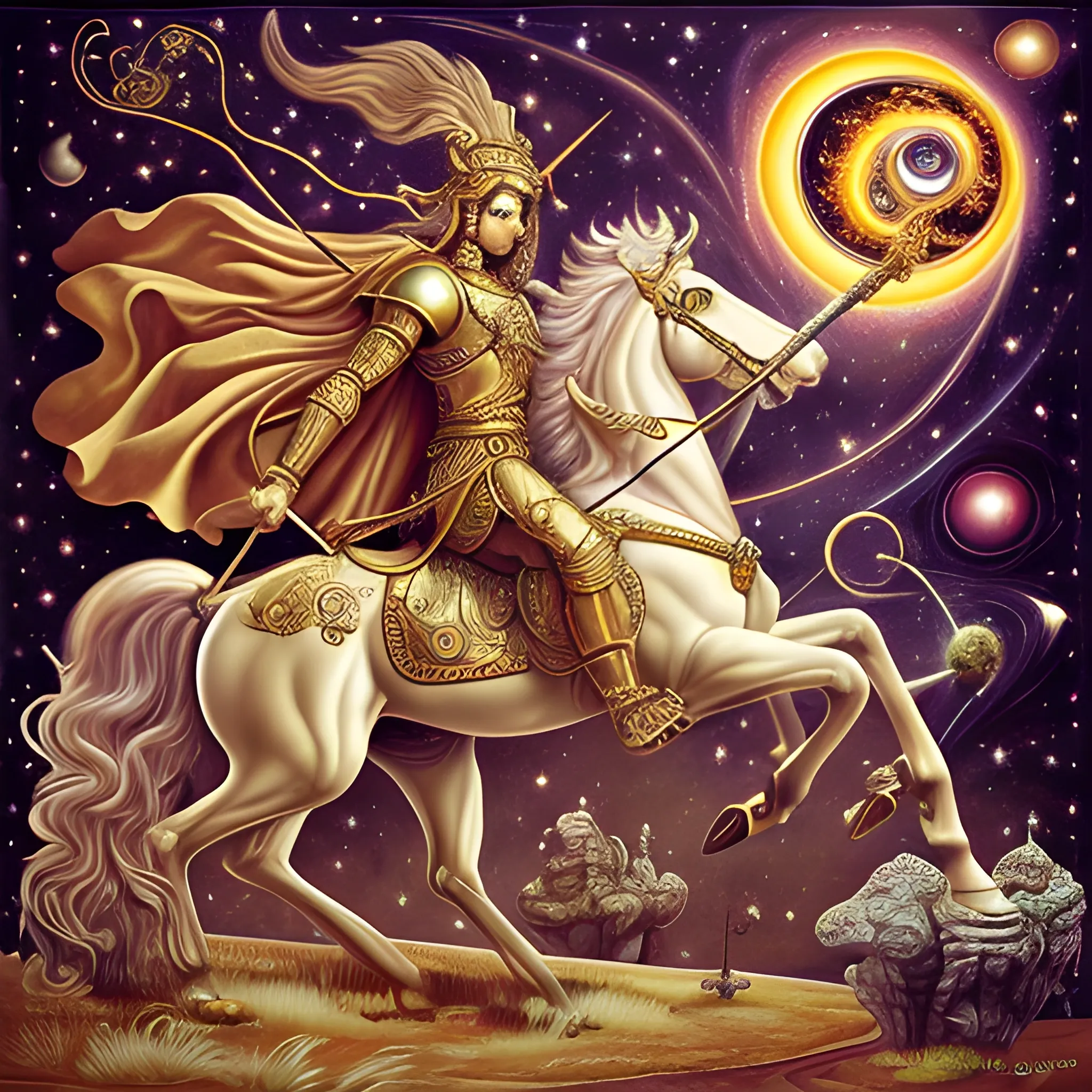 Universe fantasy art, Sagittarius realism style, detailed and complex, Etruscan fantasy art