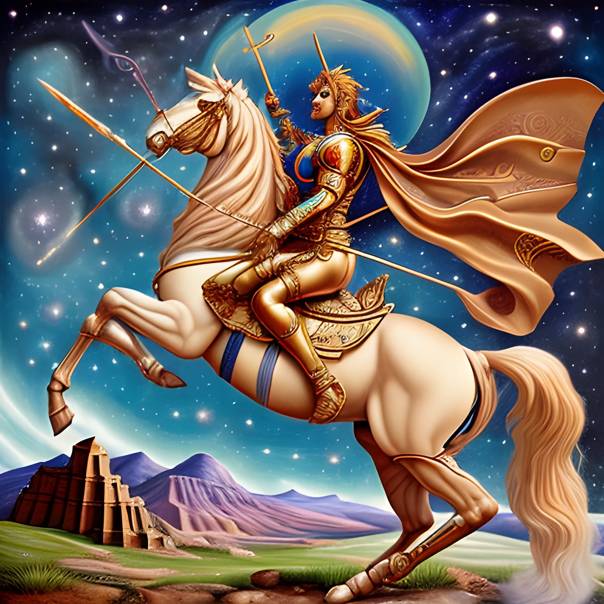 Universe fantasy art, Sagittarius realism style, detailed and complex, Etruscan fantasy art