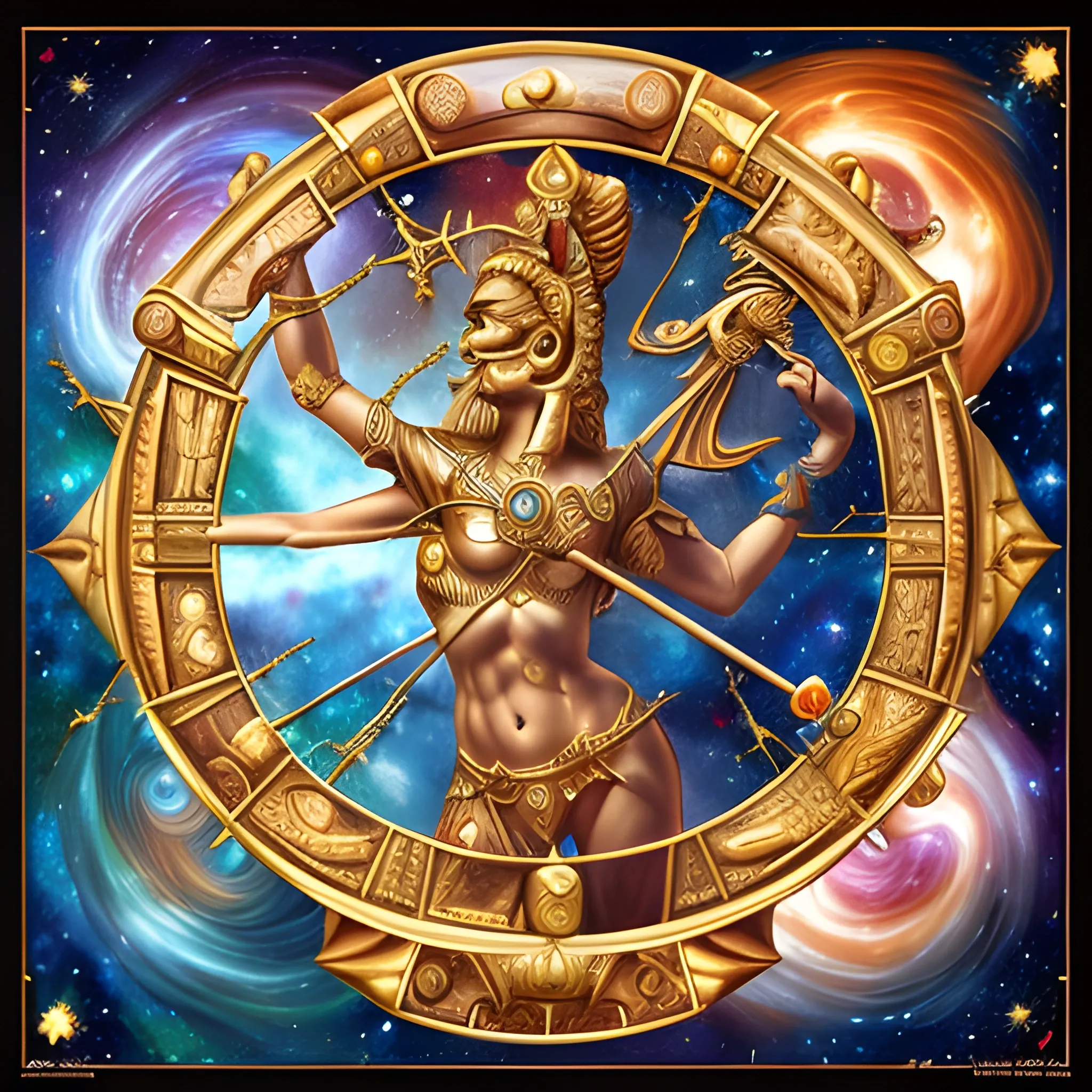 Universe fantasy art, realism style of the astrological sign of Sagittarius, detailed and complex, Etruscan fantasy art