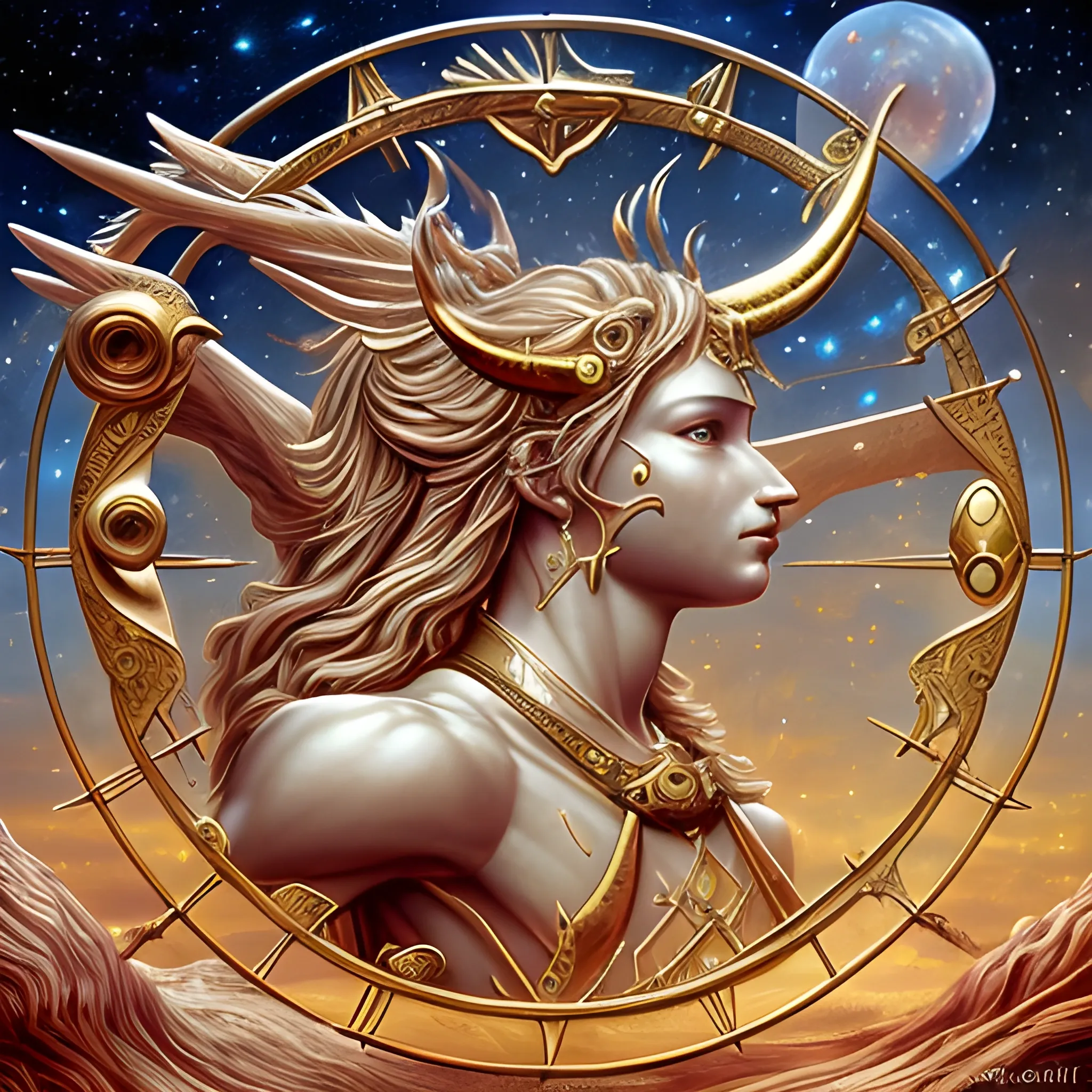 Fantasy art, realism style of the astrological sign of Sagittarius, detailed and complex, mythical fantasy art