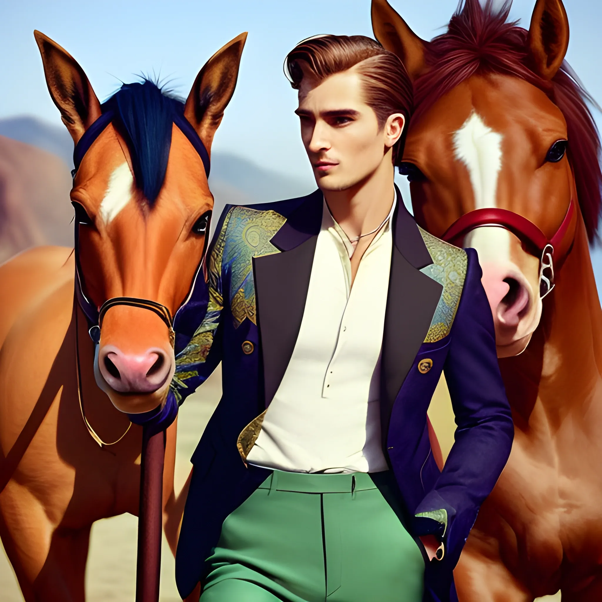 Create a prompt that focuses on Sagittarius' specific physical characteristics, highlighting the dominant nose and beautiful eyes that tend to be closer together, comparing them to the half-horse, half-man appearance. The prominent forehead stands out where his intelligence and sense of humor are stored. He mentions succulent legs and attractive waist, attributed to Sagittarius's influence on the hips and thighs. It underlines the attraction to fashion that highlights these characteristics, such as tight pants to highlight the rear in the case of women, and the preference for bright and bold garments, especially acquired during their travels, creating a distinctive style, whether hipster or philosophical. .