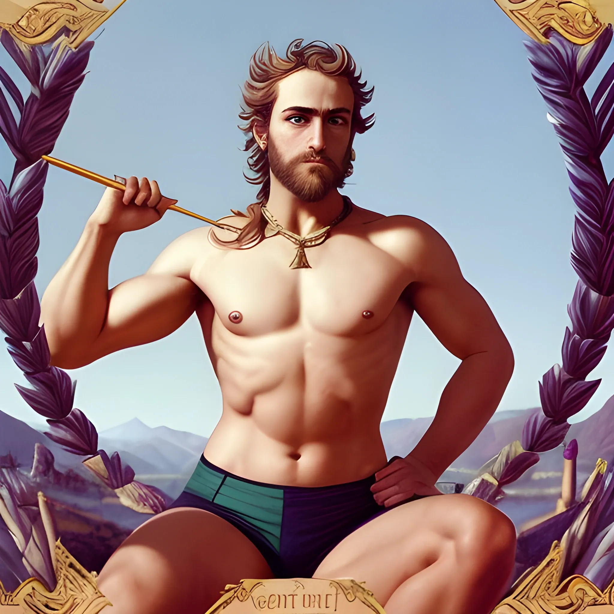 Create a prompt that focuses on Sagittarius' specific physical characteristics, highlighting the dominant nose and beautiful eyes that tend to be closer together, comparing them to the centaur-shaped, half-horse, half-man appearance. The prominent forehead stands out where his intelligence and sense of humor are stored. He mentions succulent legs and attractive waist, attributed to Sagittarius's influence on the hips and thighs. It underlines the attraction to fashion that highlights these characteristics, such as tight pants to highlight the rear in the case of women, and the preference for bright and bold garments, especially acquired during their travels, creating a distinctive style, whether hipster or philosophical.