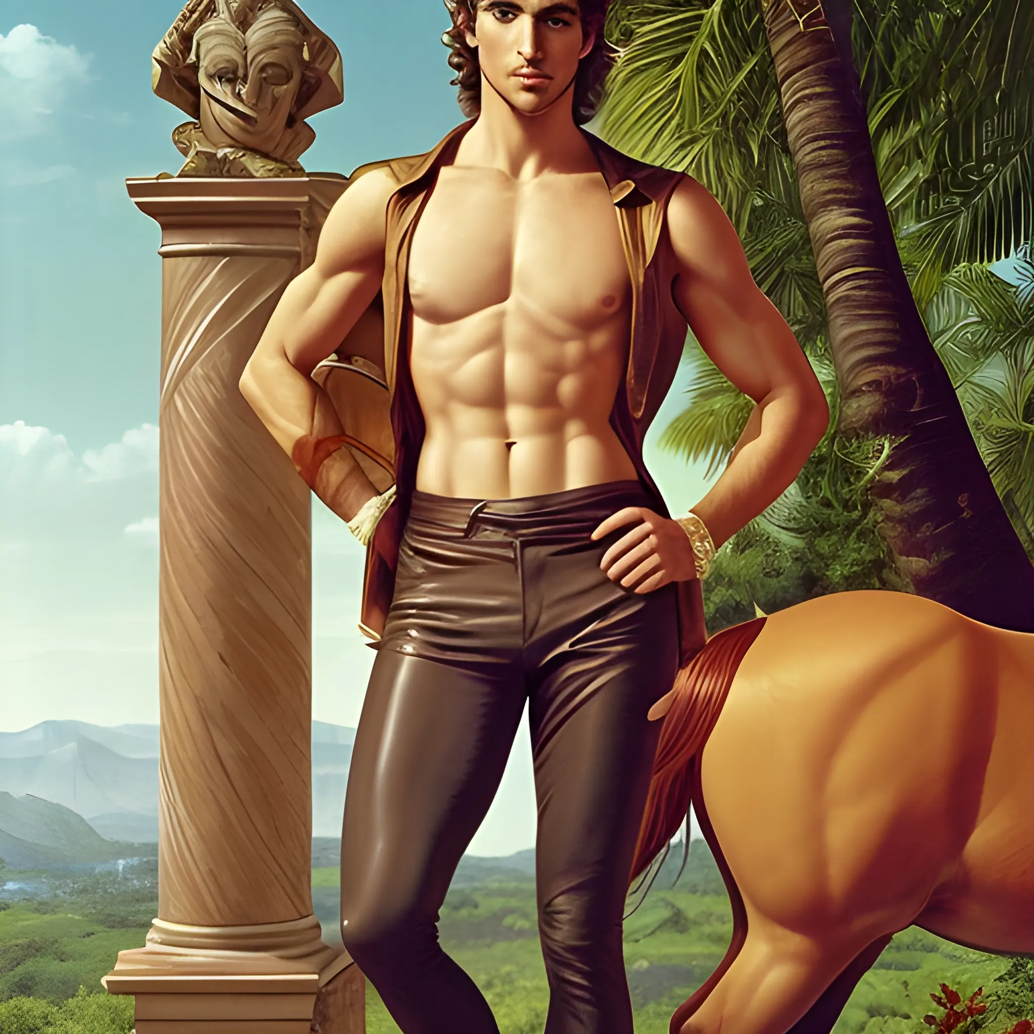 Create a prompt that focuses on Sagittarius' specific physical characteristics, highlighting the dominant nose and beautiful eyes that tend to be closer together, comparing them to the centaur-shaped, half-horse, half-man appearance. The prominent forehead stands out where his intelligence and sense of humor are stored. He mentions succulent legs and attractive waist, attributed to Sagittarius's influence on the hips and thighs. It underlines the attraction to fashion that highlights these characteristics, such as tight pants to highlight the rear in the case of women, and the preference for bright and bold garments, especially acquired during their travels, creating a distinctive style, whether hipster or philosophical.