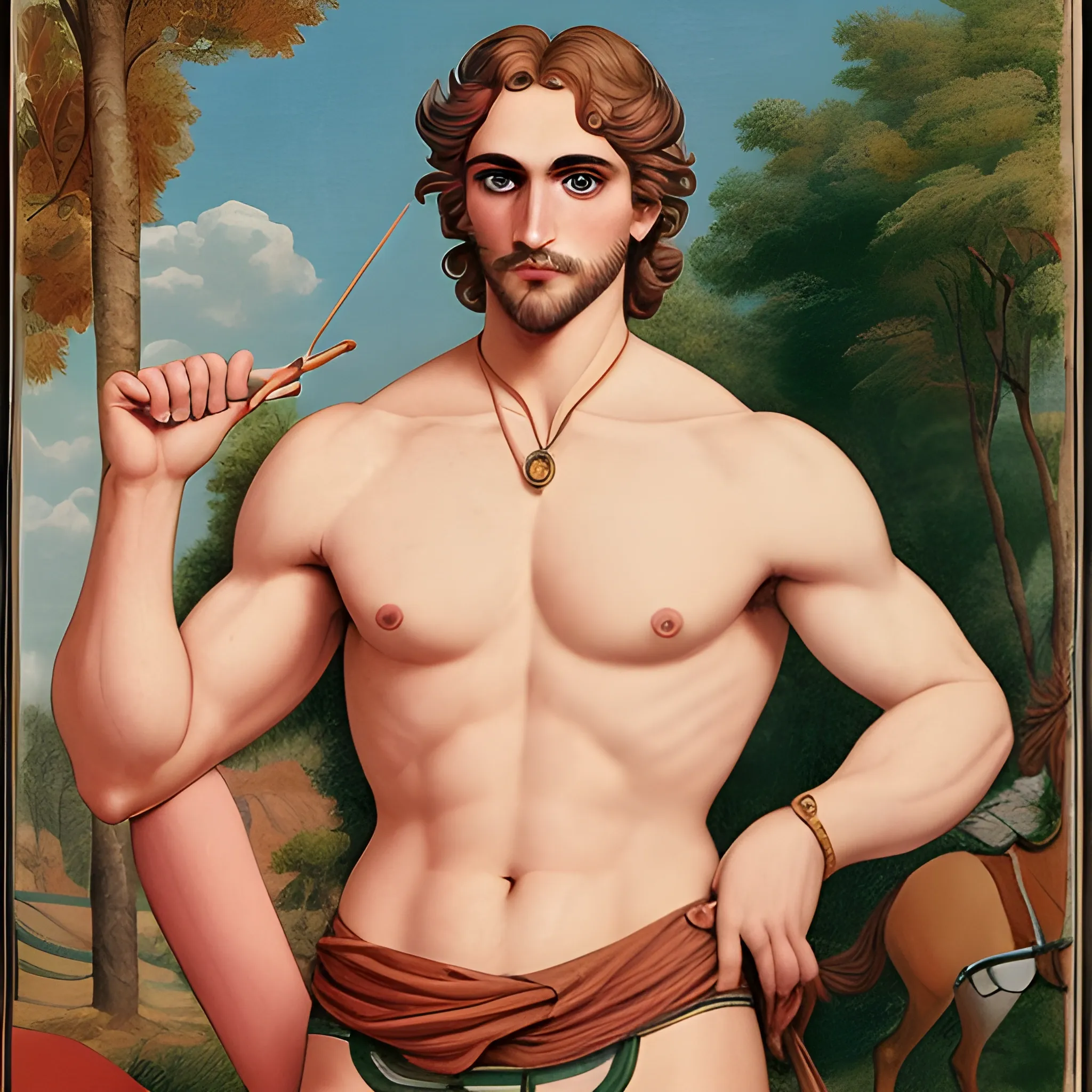 Create a prompt that focuses on Sagittarius' specific physical characteristics, highlighting the dominant nose and beautiful eyes that tend to be closer together, comparing them to the centaur-shaped, half-horse, half-man appearance. The prominent forehead stands out where his intelligence and sense of humor are stored. He mentions succulent legs and attractive waist, attributed to Sagittarius's influence on the hips and thighs. It underlines the attraction to fashion that highlights these characteristics, such as tight pants to highlight the rear in the case of women, and the preference for bright and bold garments, especially acquired during their travels, creating a distinctive style, whether hipster or philosophical.