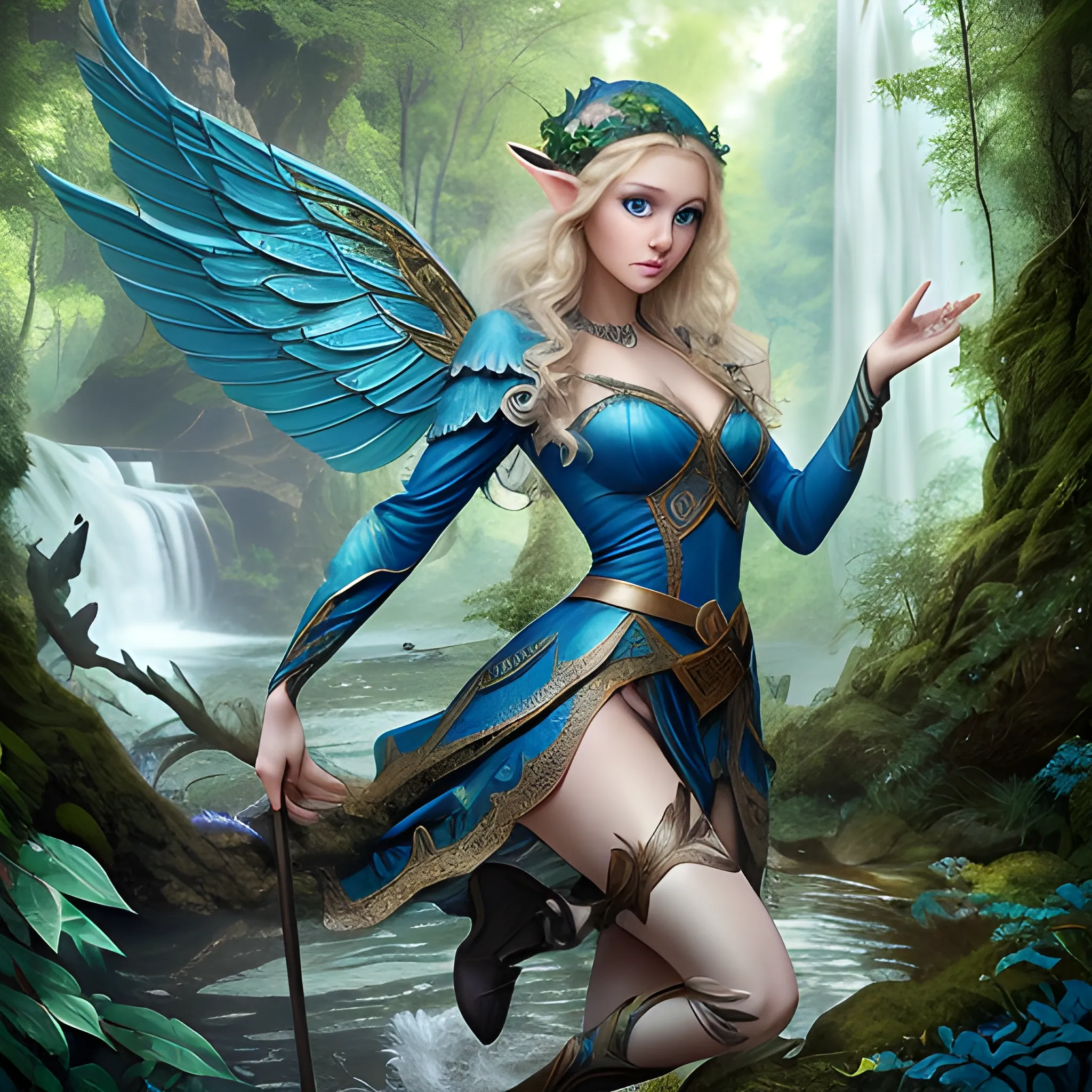 elf, perfect face, blue eyes, lips, wavy hair, strong legs, wings, tall stature, fantasy, waterfall in the perfect forest, realistic