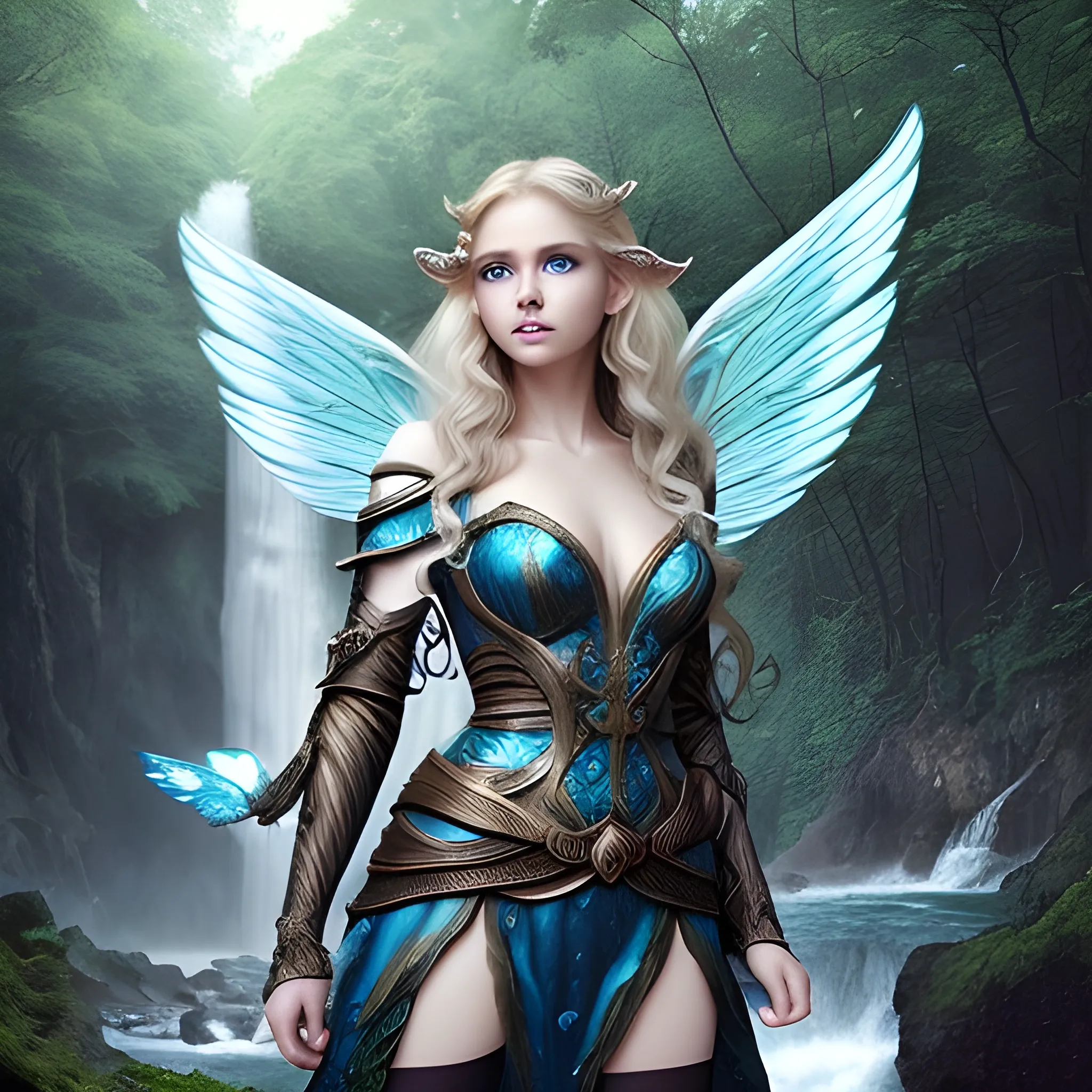 elf, perfect face, blue eyes, lips, wavy hair, strong legs, wings, tall stature, fantasy, waterfall in the perfect forest, realistic