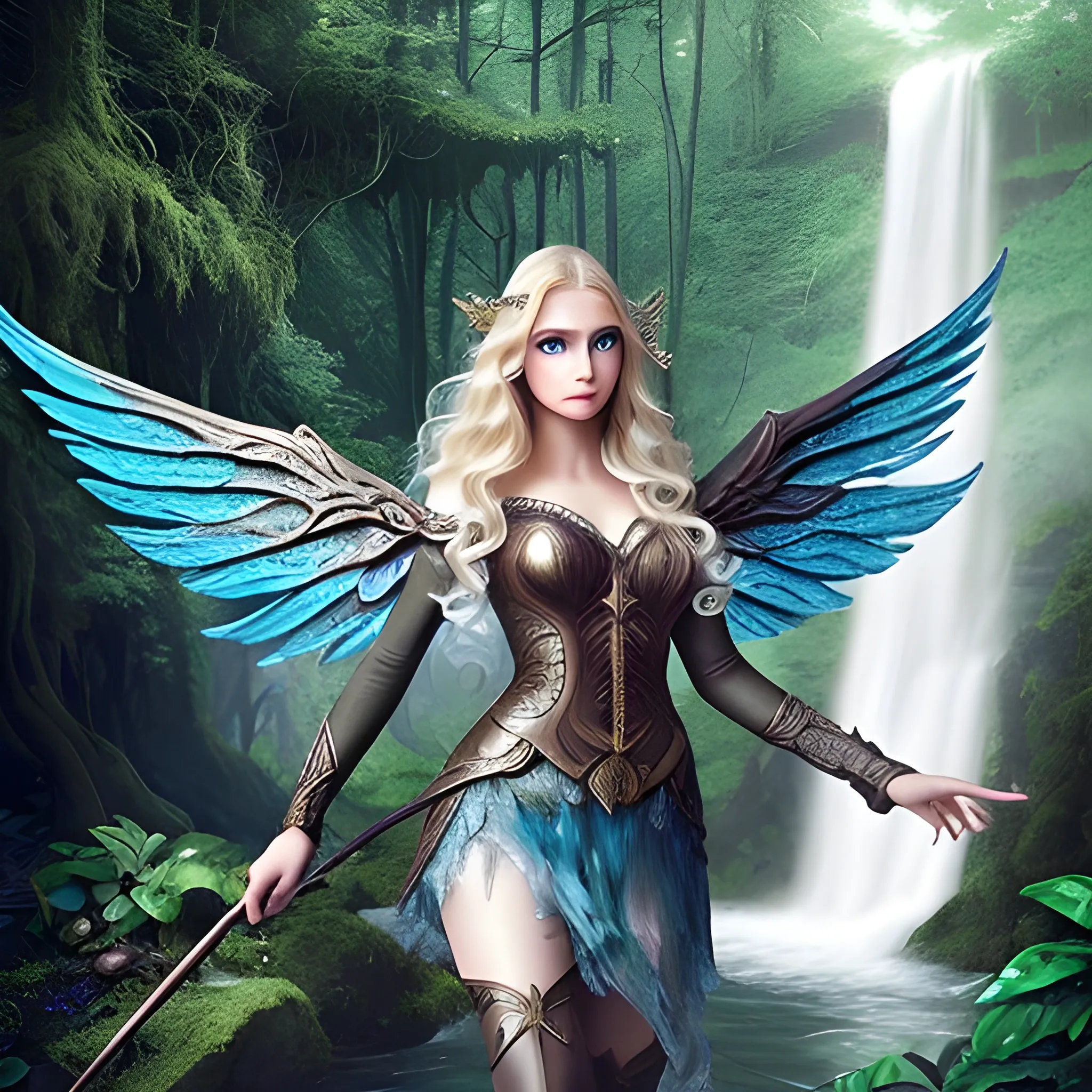elf, perfect face, blue eyes, lips, wavy hair, strong legs, wings, tall stature, fantasy, waterfall in the perfect forest, realistic