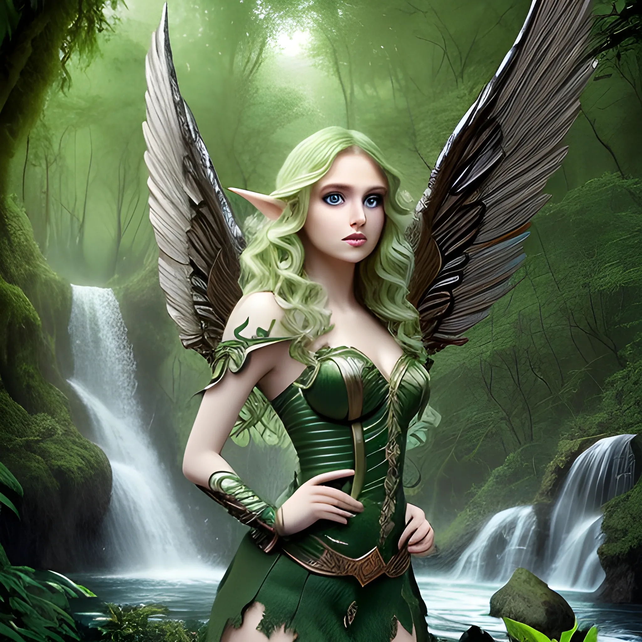 elf, perfect face, green eyes, lips, wavy hair, strong legs, wings, tall stature, fantasy, waterfall in the perfect forest, realistic