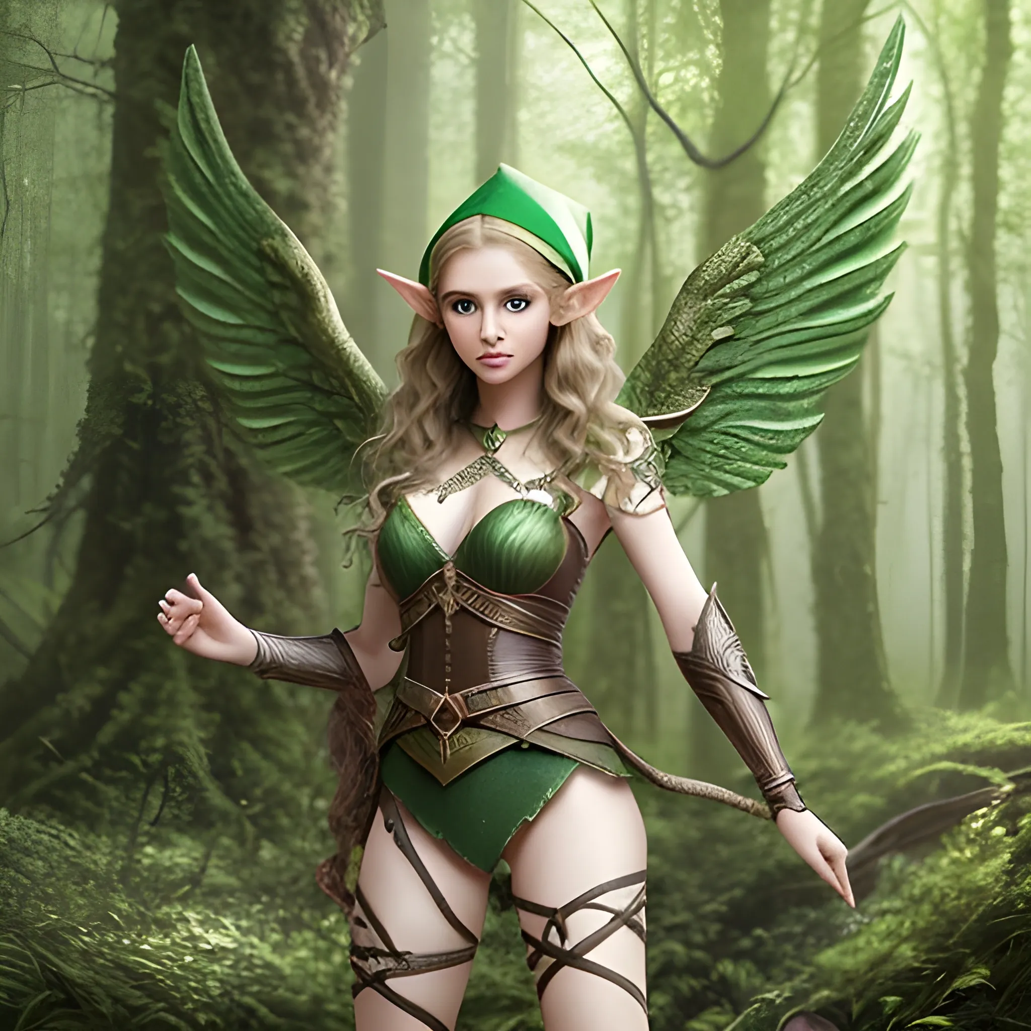 elf, perfect face, green eyes, lips, wavy hair, strong legs, wings, tall stature, fantasy, natural forest, perfect, realistic