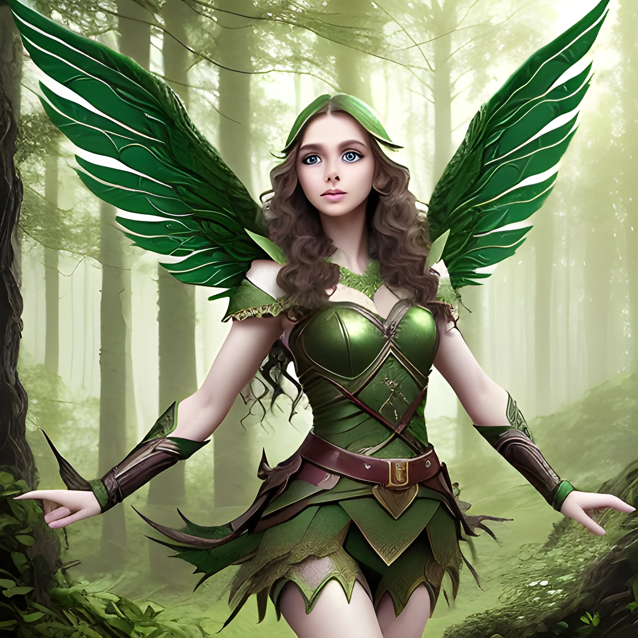 elf, perfect face, green eyes, lips, wavy hair, strong legs, wings, tall stature, fantasy, natural forest, perfect, realistic