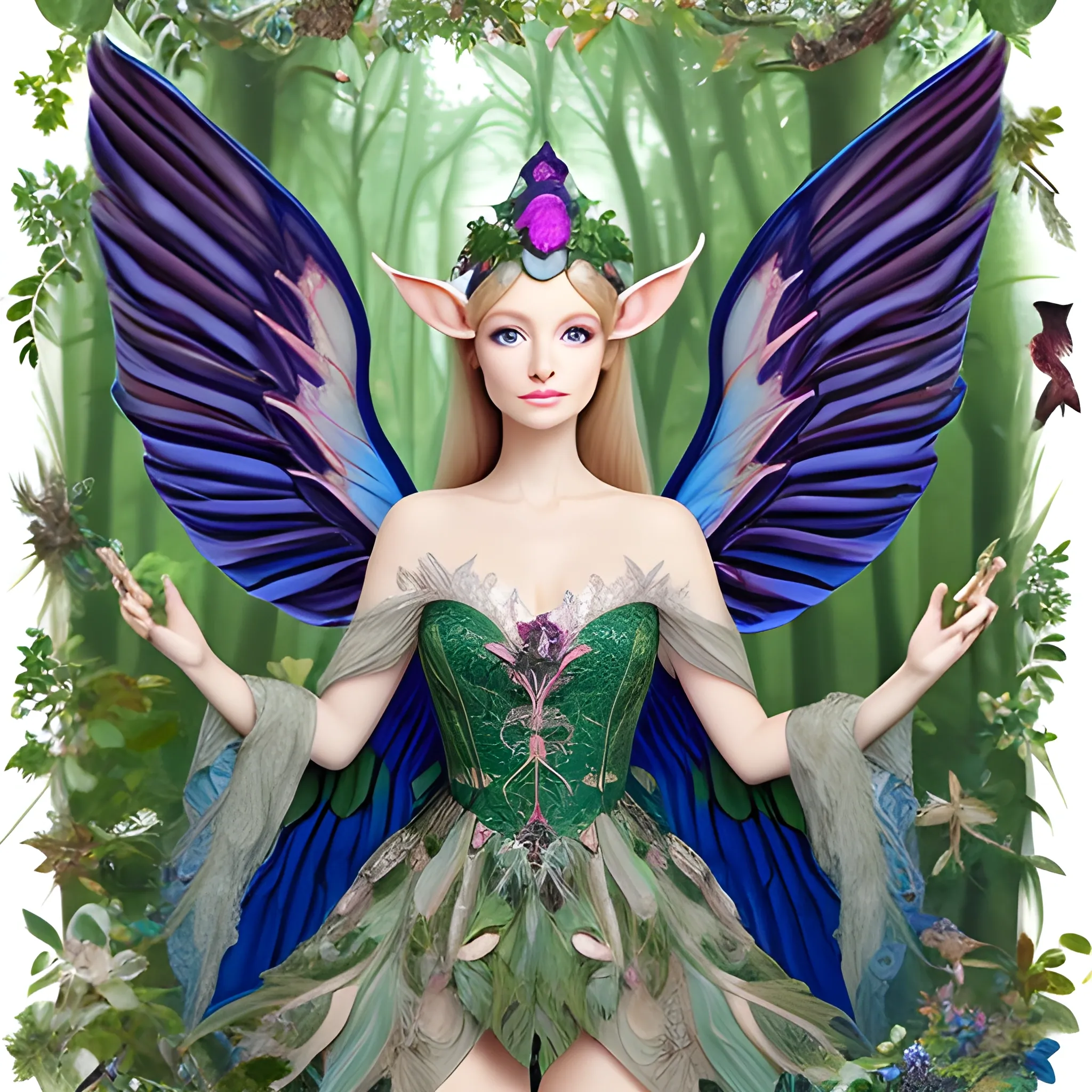 elfe, visage parfait, yeux verts, lèvres, cheveux ondulés, jambes fortes, ailes, grande taille, fantaisie, forêt naturelle, parfait, réaliste