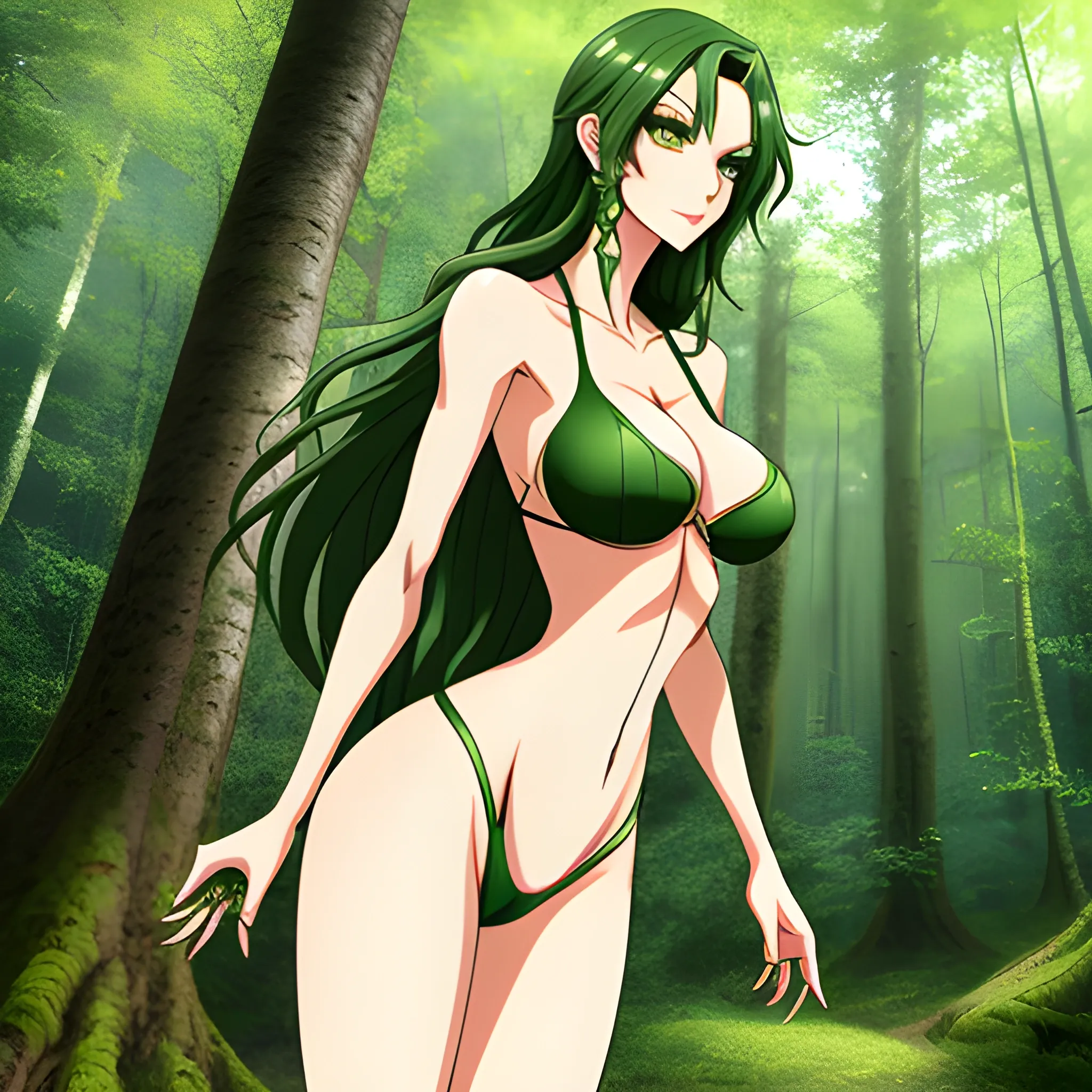 anime girl, heroine, perfect face, green eyes, lips, wavy hair, strong legs, tall height, fantasy, natural forest, perfect, realistic
