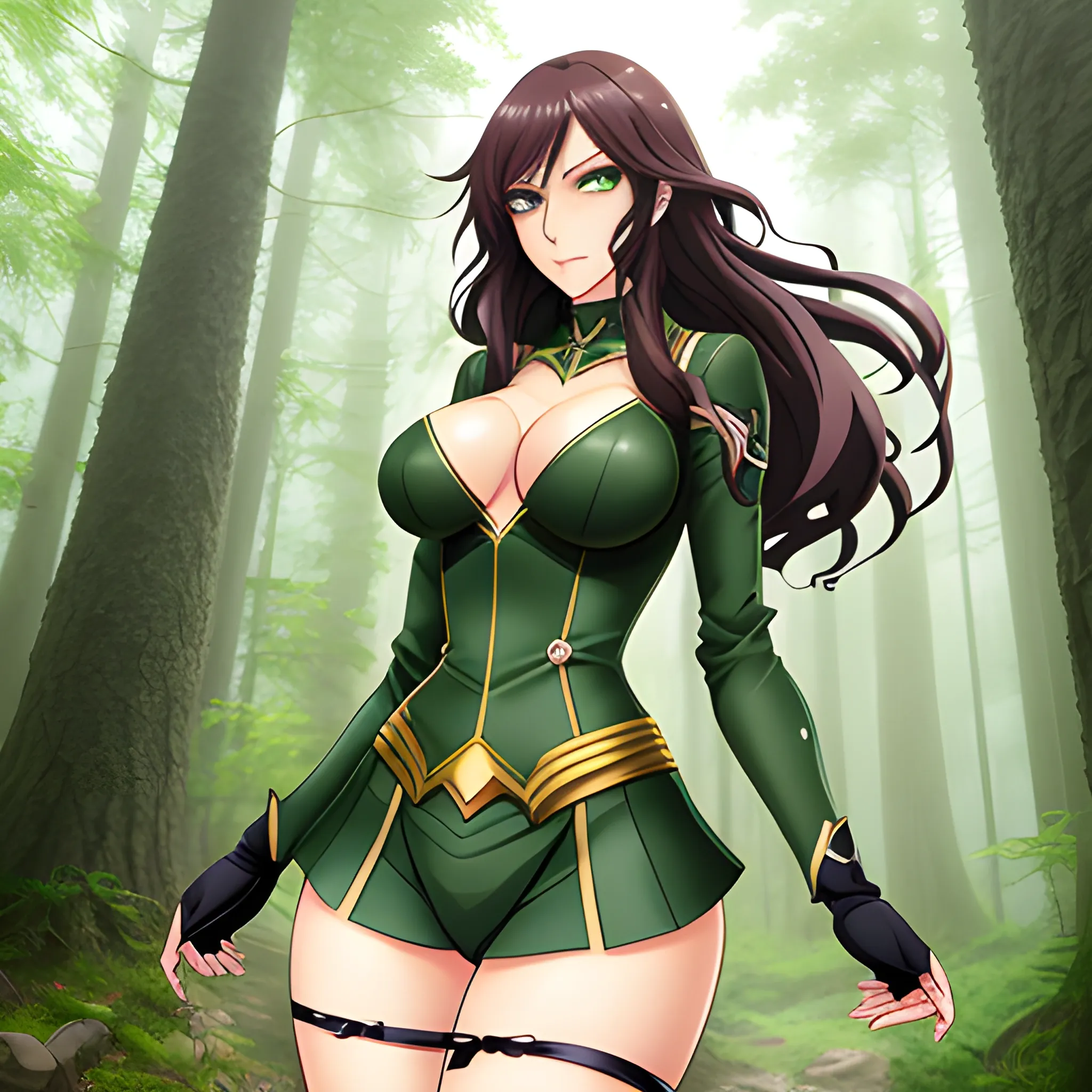 anime girl, heroine, perfect face, green eyes, lips, wavy hair, strong legs, tall height, fantasy, natural forest, perfect, realistic
