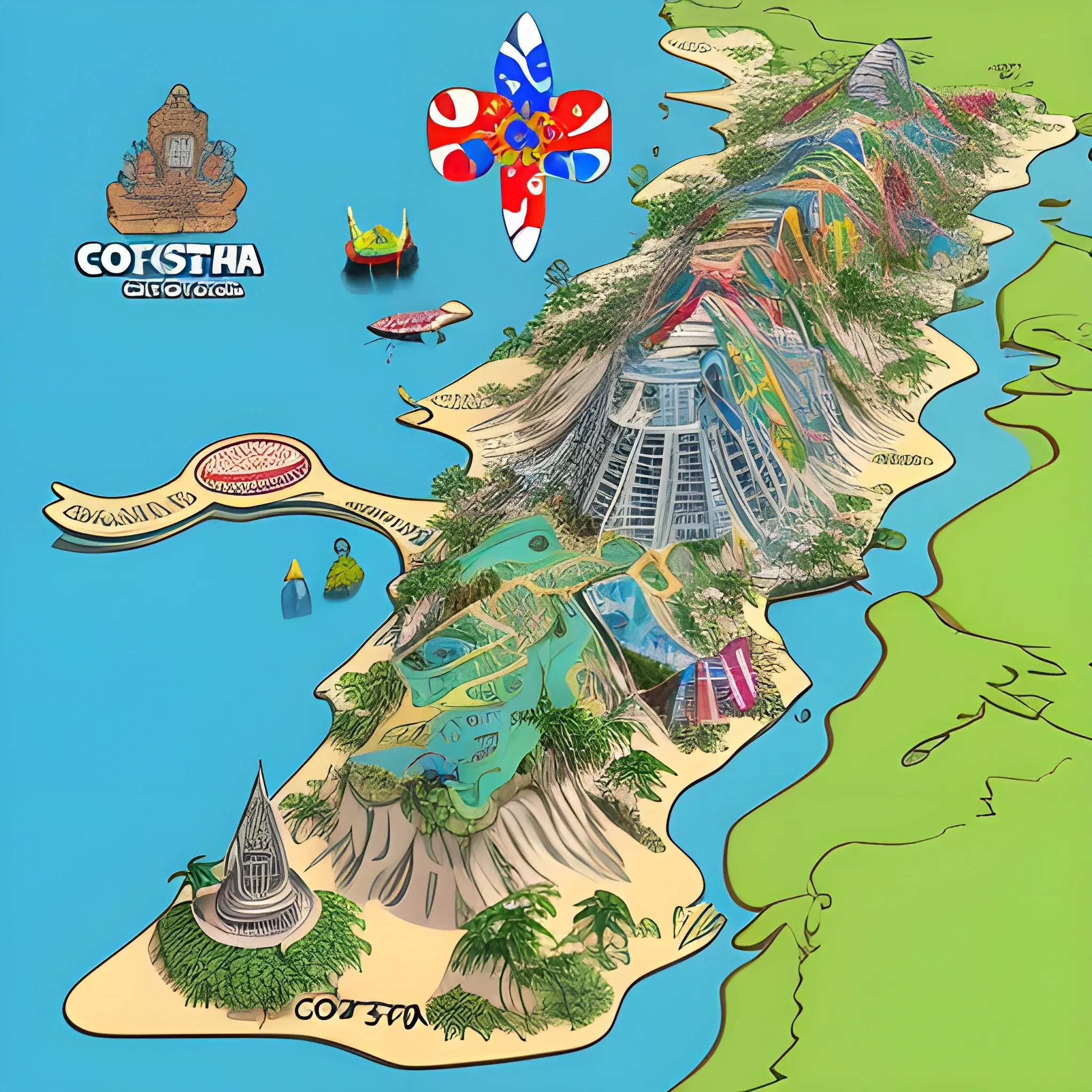 a map of costa rica , 3D, Trippy, Cartoon