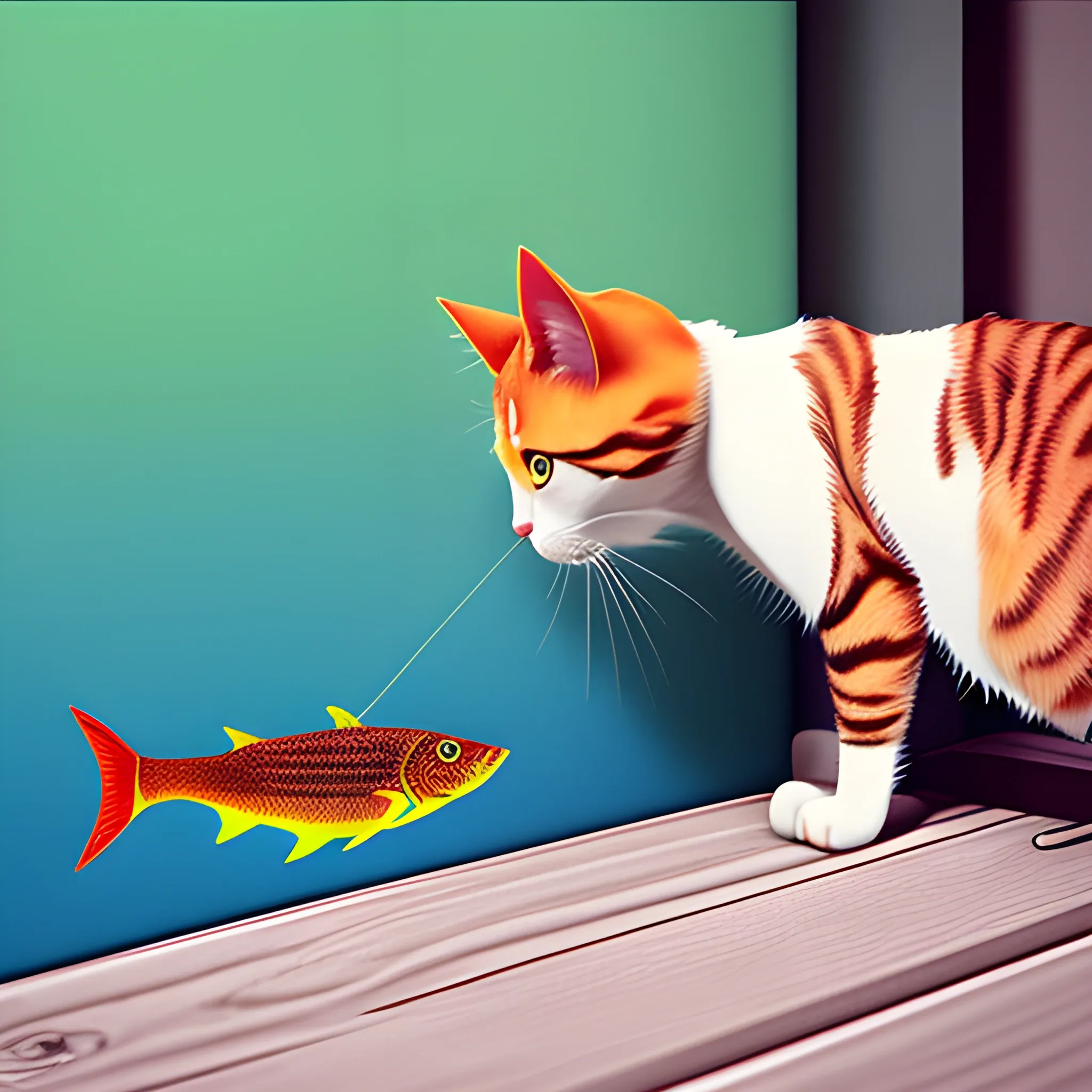 cat stealing a fish hyperrealistic colorcorrection