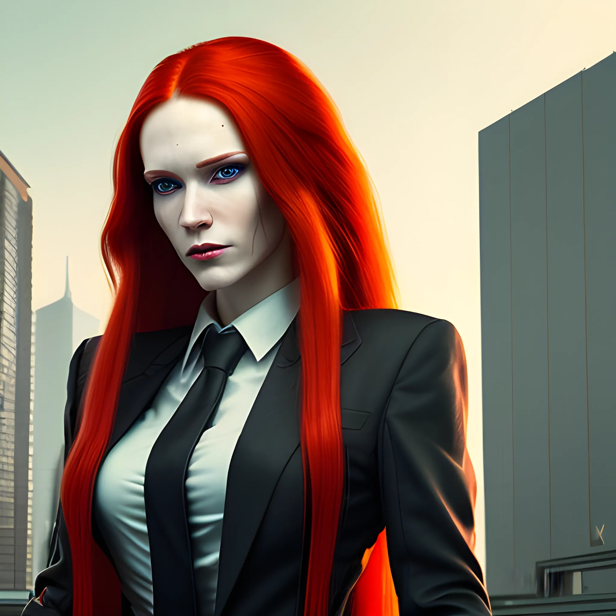 portrait of a Caucasian cyberpunk female with really long red ...