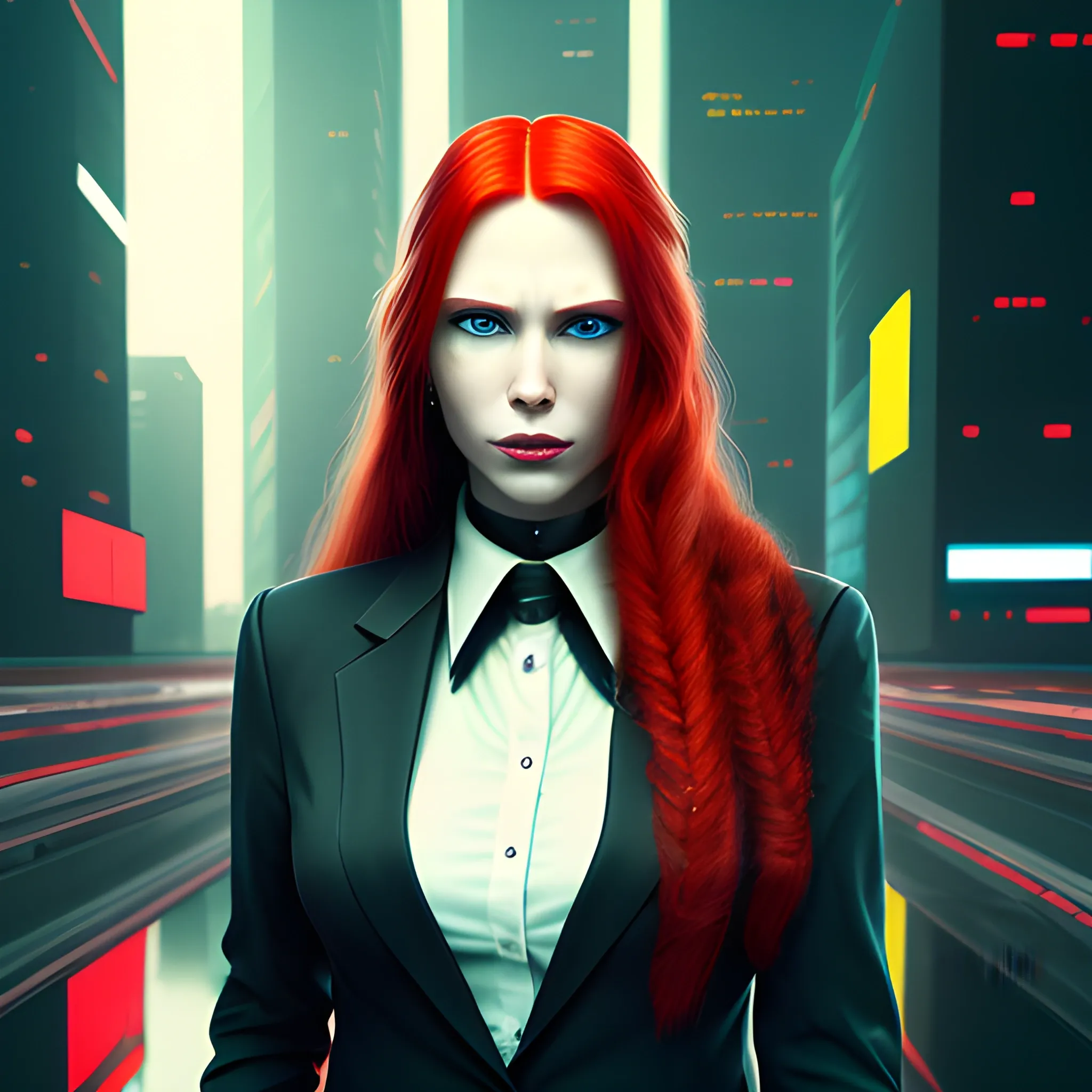 portrait of a Caucasian cyberpunk female with long crimson hair wearing a business suit