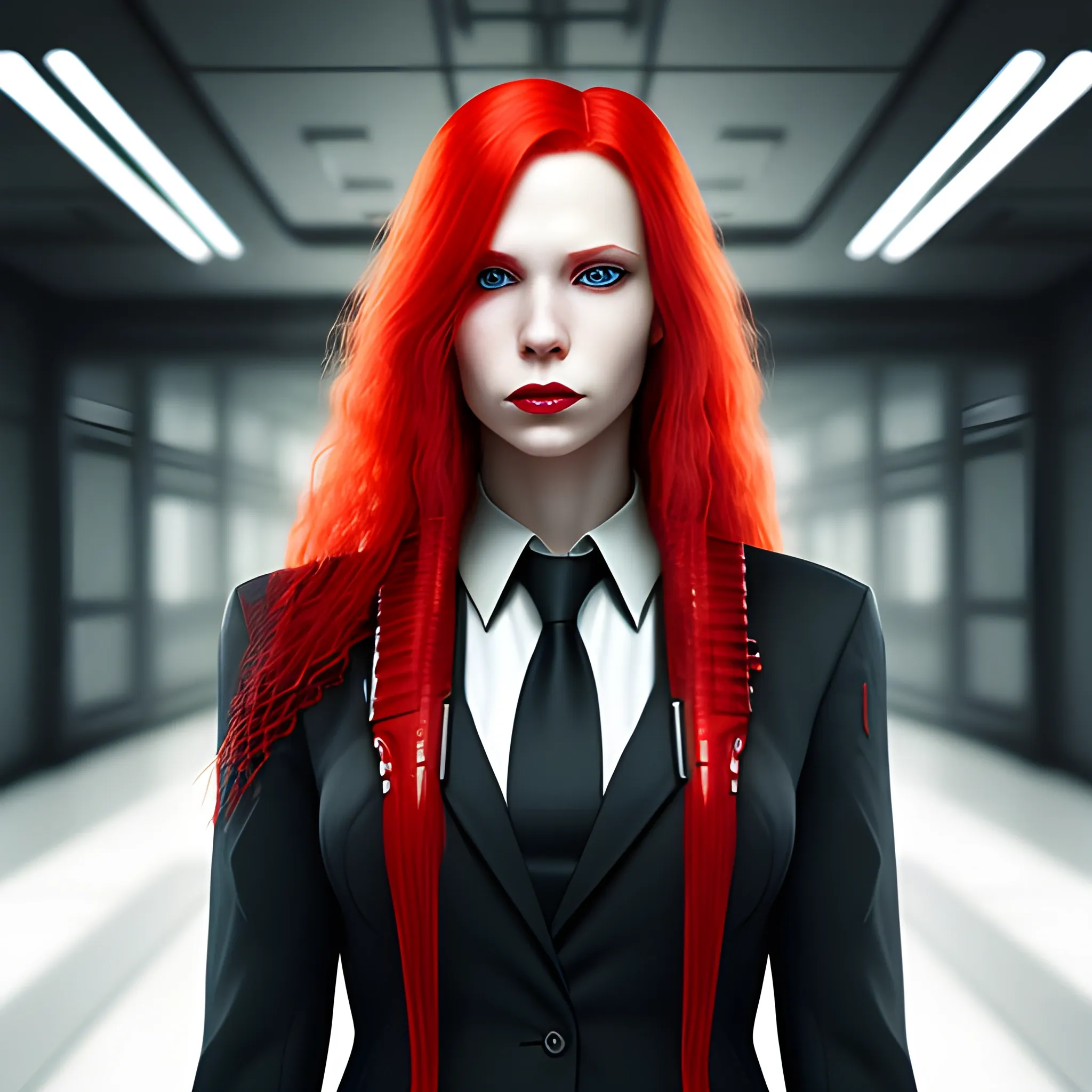 portrait of a Caucasian cyberpunk female with long crimson hair wearing a business suit