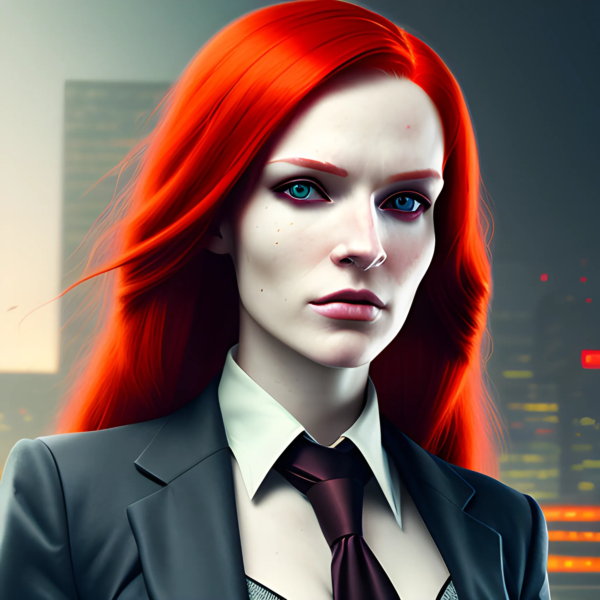 portrait of a Caucasian cyberpunk female with long red hair wearing a business suit