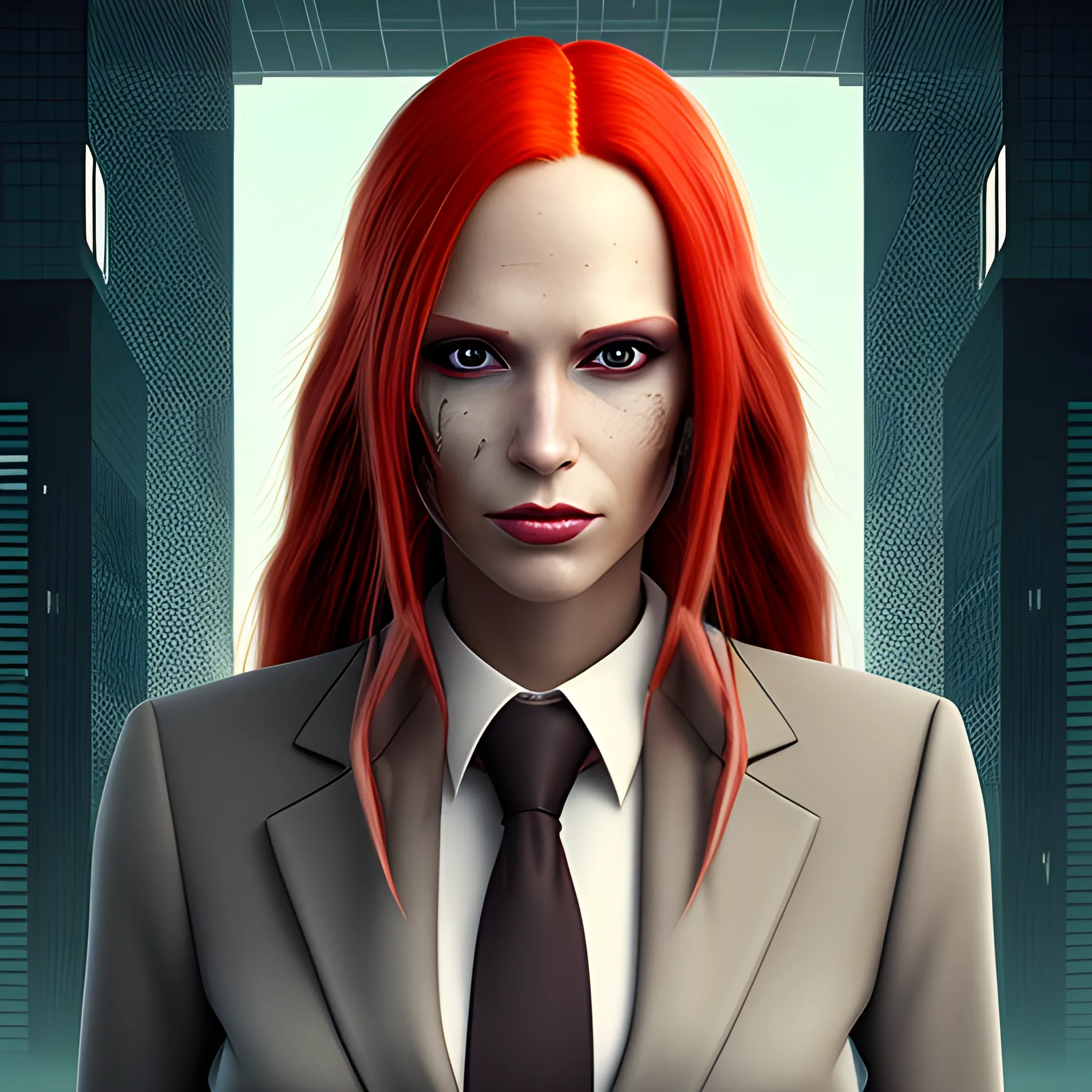 portrait of a tanned Caucasian cyberpunk female with long red hair wearing a business suit