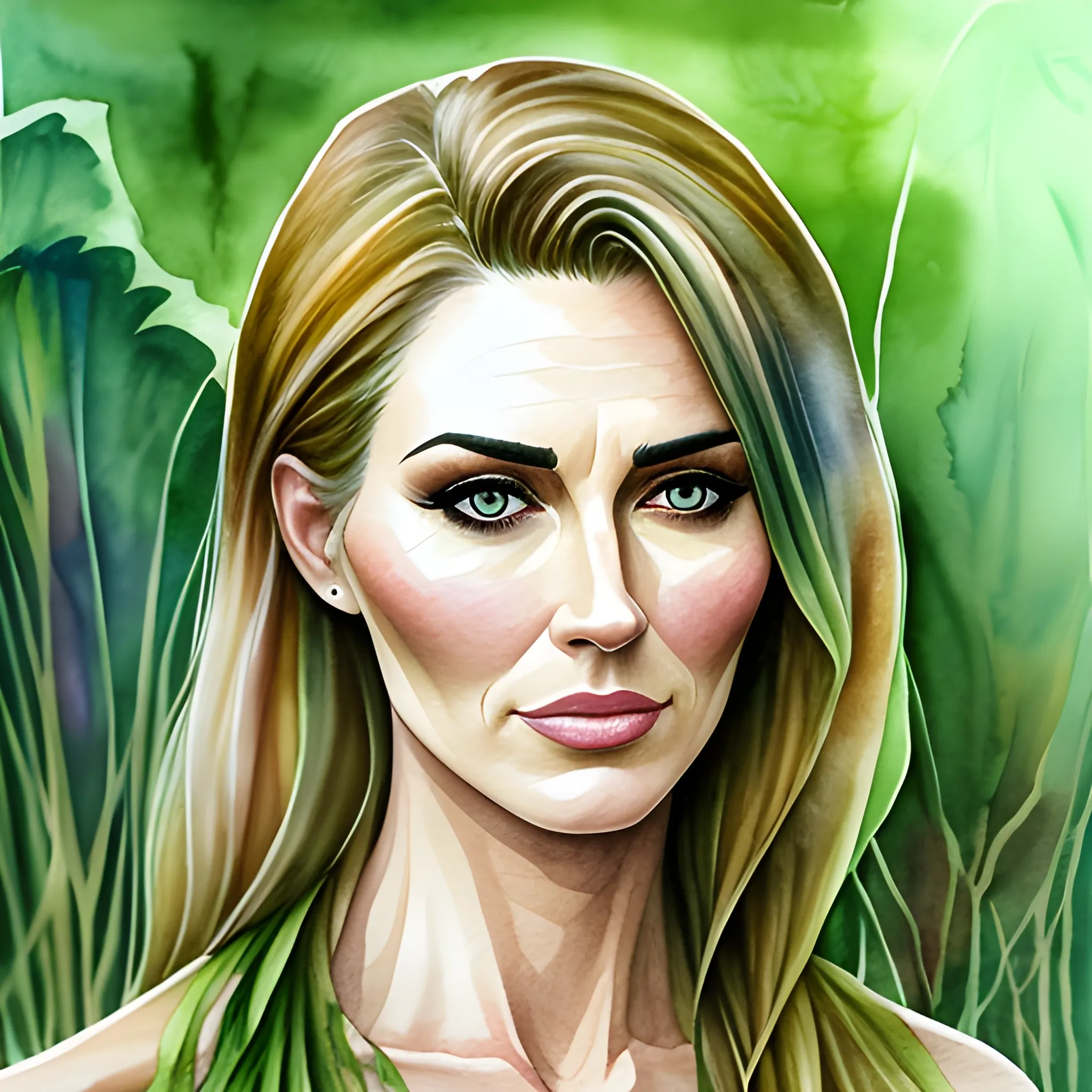 Portrait of a girl with grass in the jungle, hyper-realistic style, Water Color