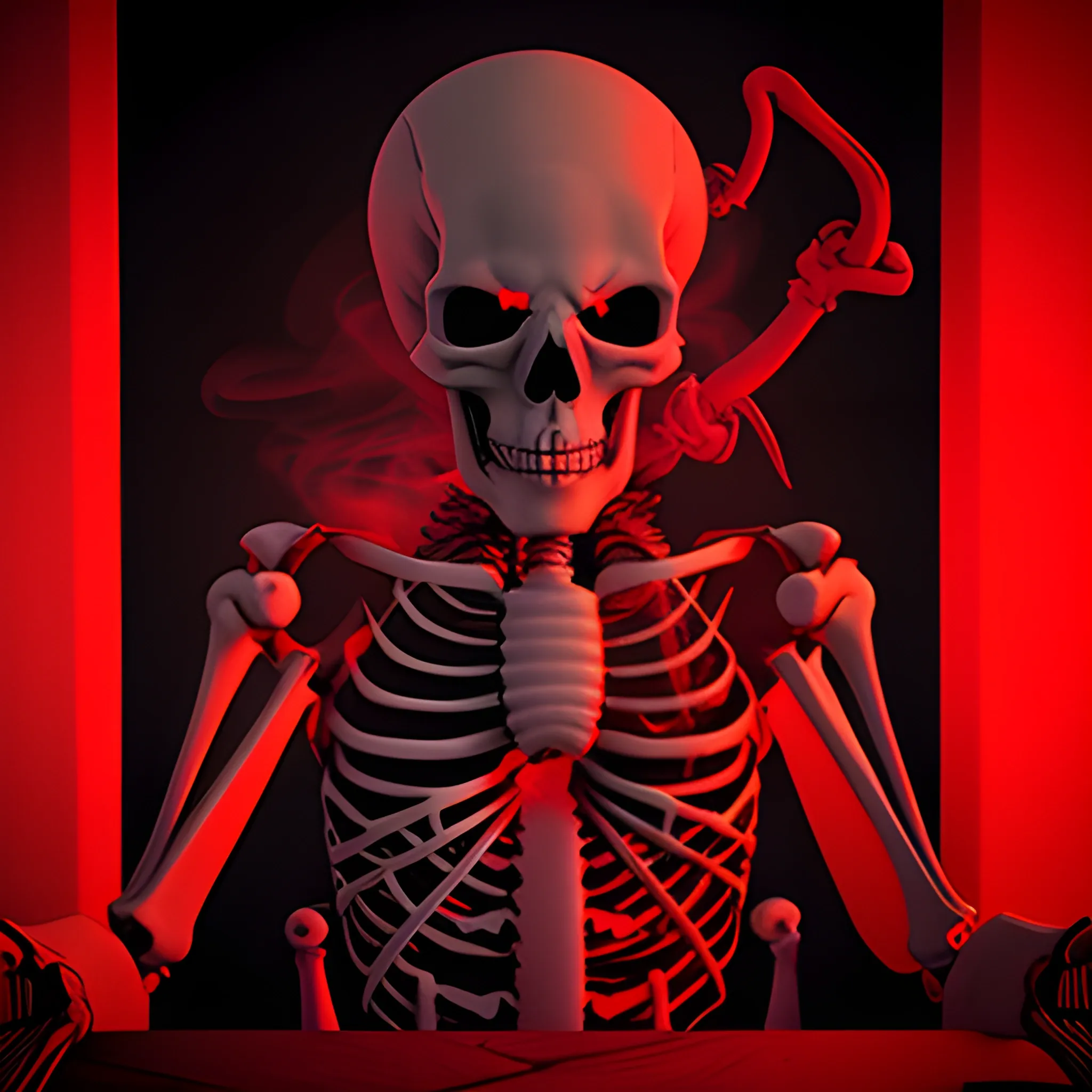 Skeleton demon red eyes dark room smoking, 3D