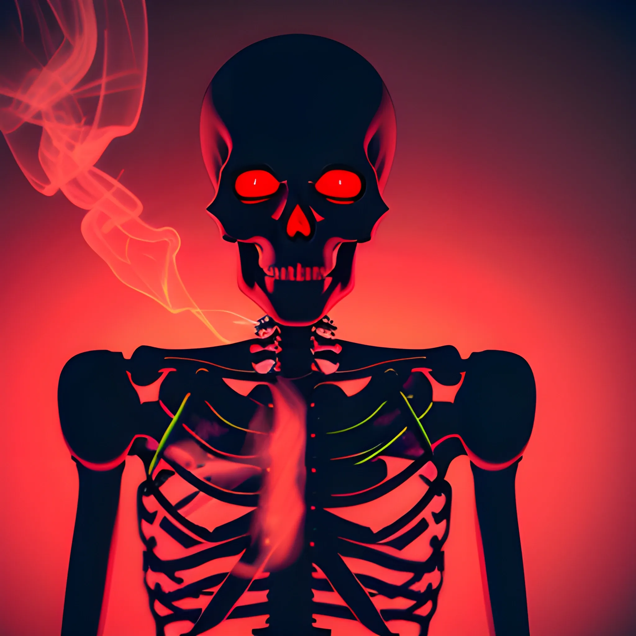 Skeleton red eyes glowing dark room smoking marijuana, 3D