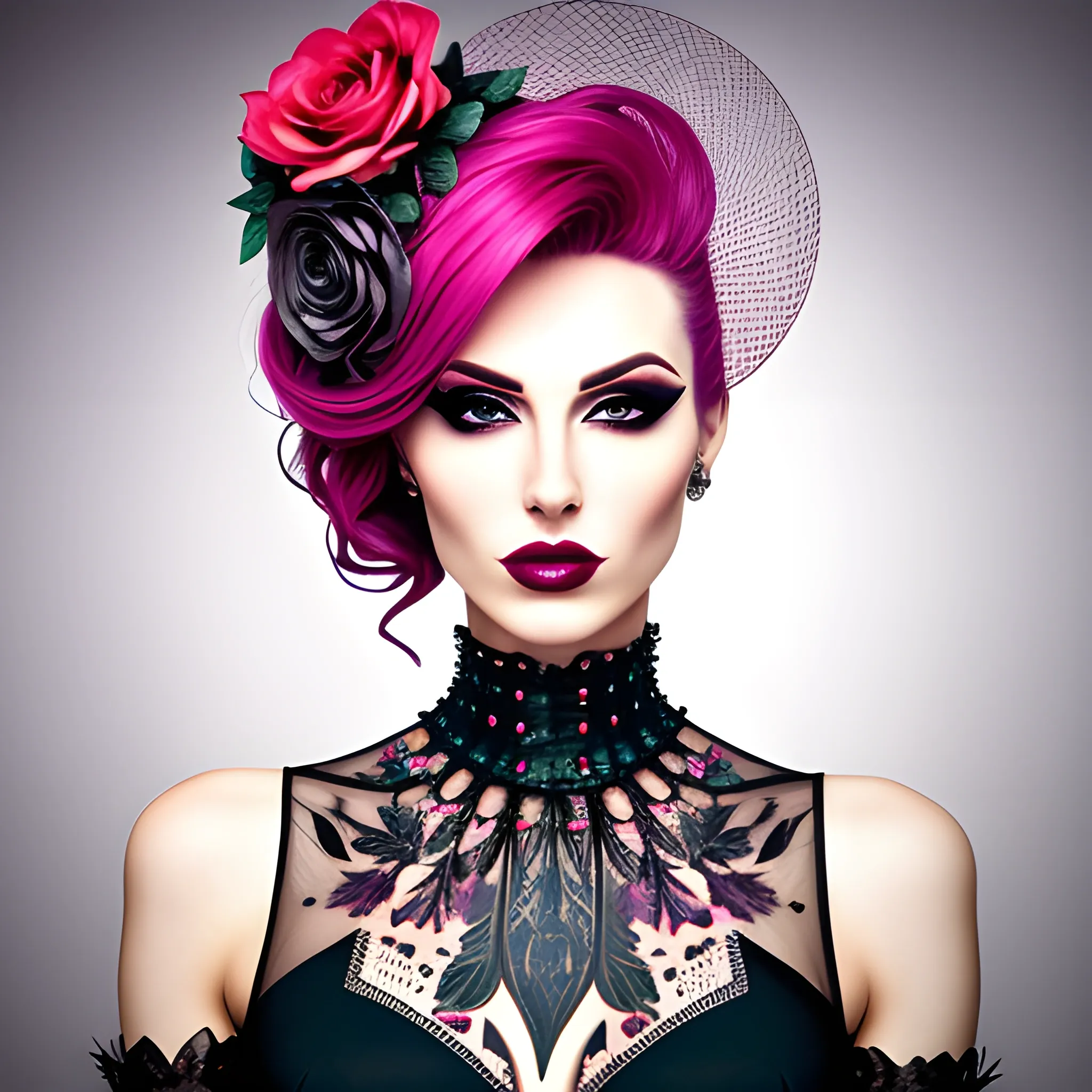 Portrait of a beautiful girl in bloom, mysterious and elegant floral punk fashion