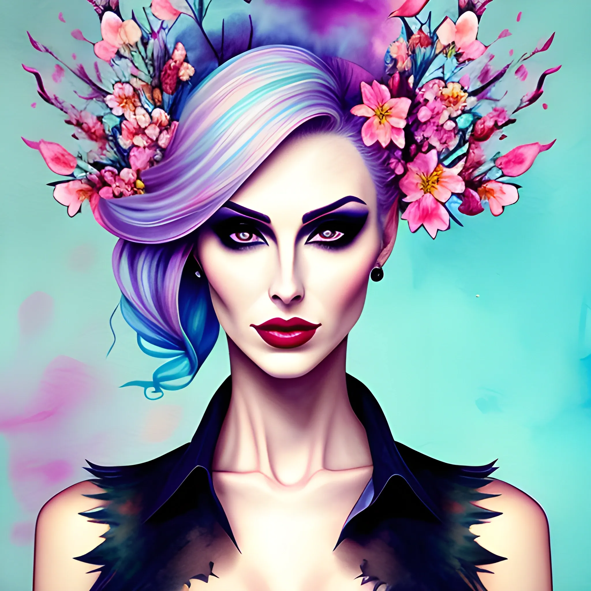 Portrait of a beautiful girl in bloom, mysterious and elegant floral punk fashion, Water Color