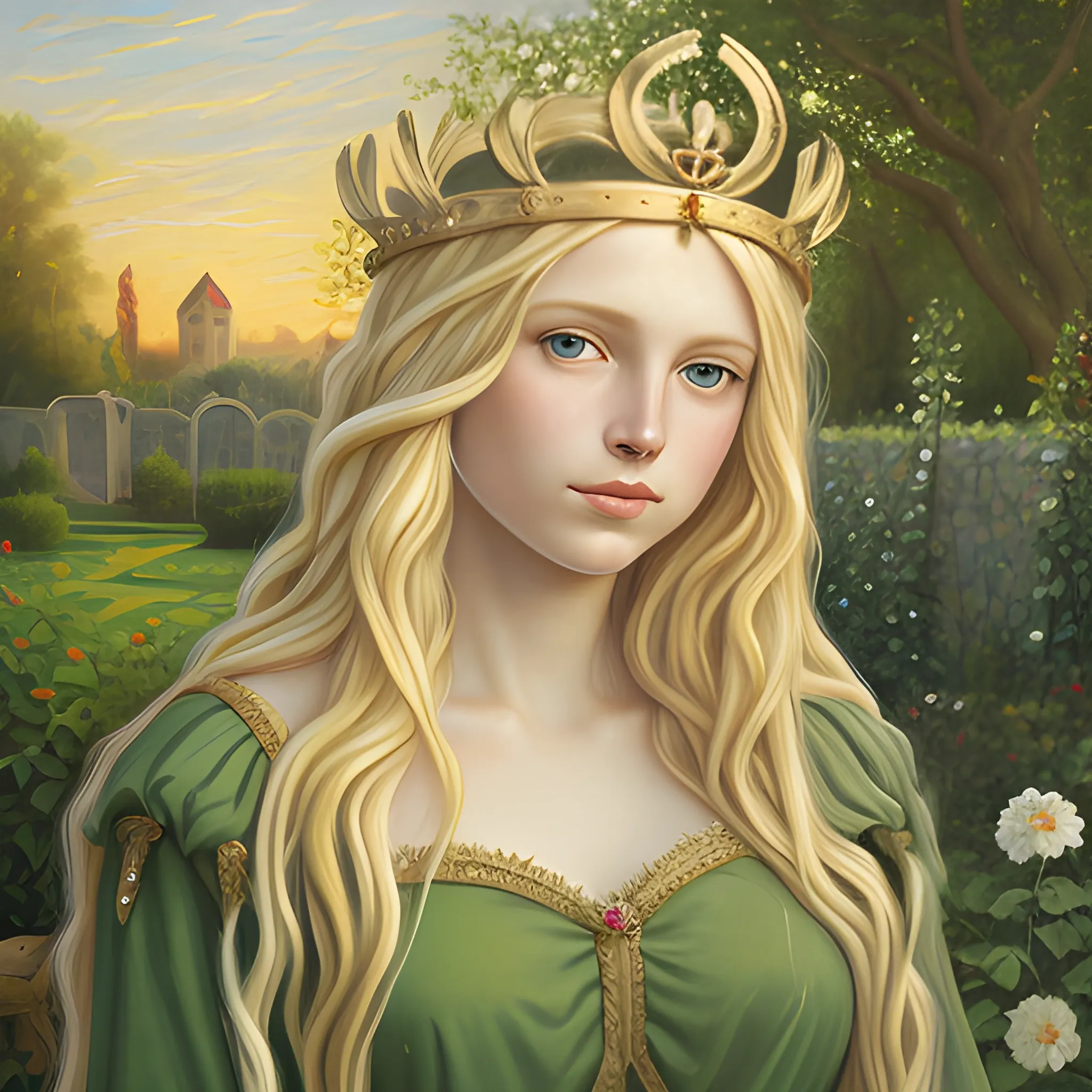 Maiden, long blonde hair, bay leaf crown, in the garden, dawn,Oil Painting,Greek mythology