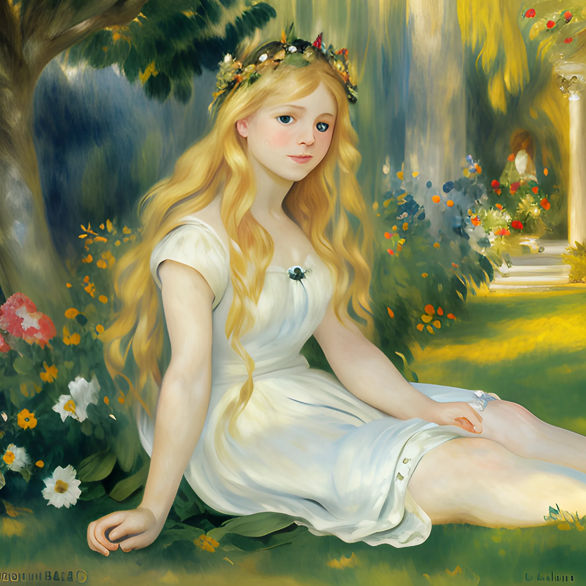 Maiden, long blonde hair, bay leaf crown, in the garden, dawn,Oil Painting,Greek mythology,Full body, Sargent, Renoir, sitting on the grass