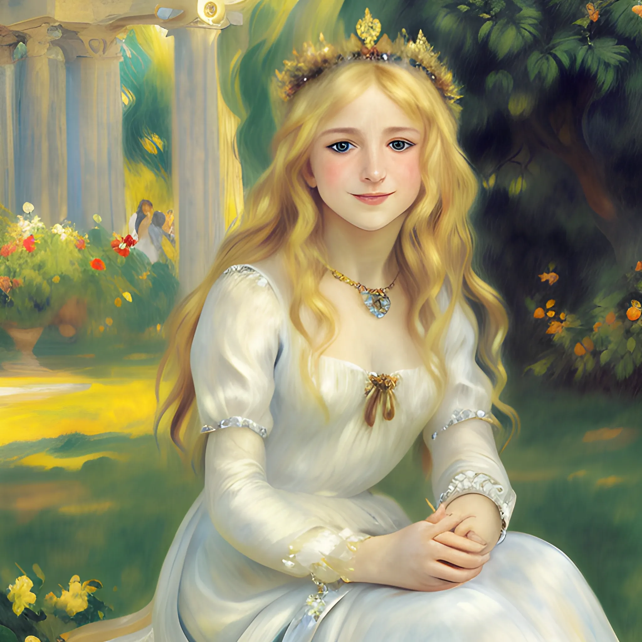 Maiden, long blonde hair, bay leaf crown, in the garden, dawn,Oil Painting,Greek mythology,Full body, Sargent, Renoir, sitting on the grass,Smiling, Greek dress, beautiful face,Wearing beautiful jewelry, a beautiful face with exquisite symmetry,