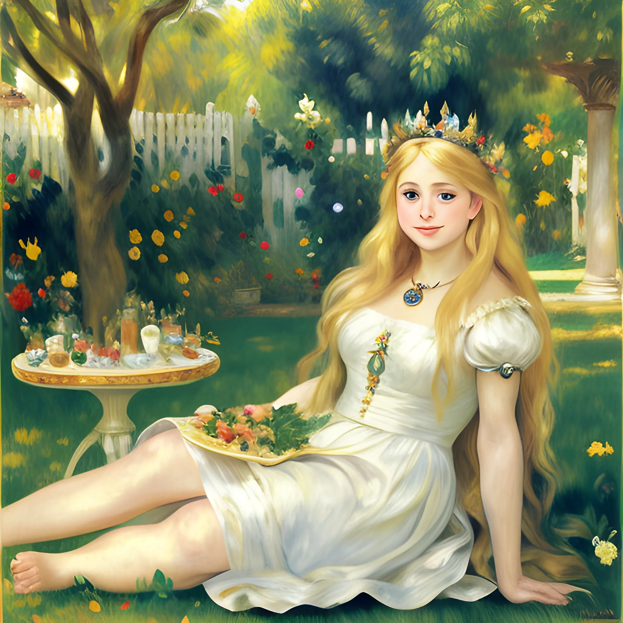 Maiden, long blonde hair, bay leaf crown, in the garden, dawn,Oil Painting,Greek mythology,Full body, Sargent, Renoir, sitting on the grass,Smiling, Greek dress, beautiful face,Wearing beautiful jewelry, a beautiful face with exquisite symmetry,
Having a picnic on the garden lawn