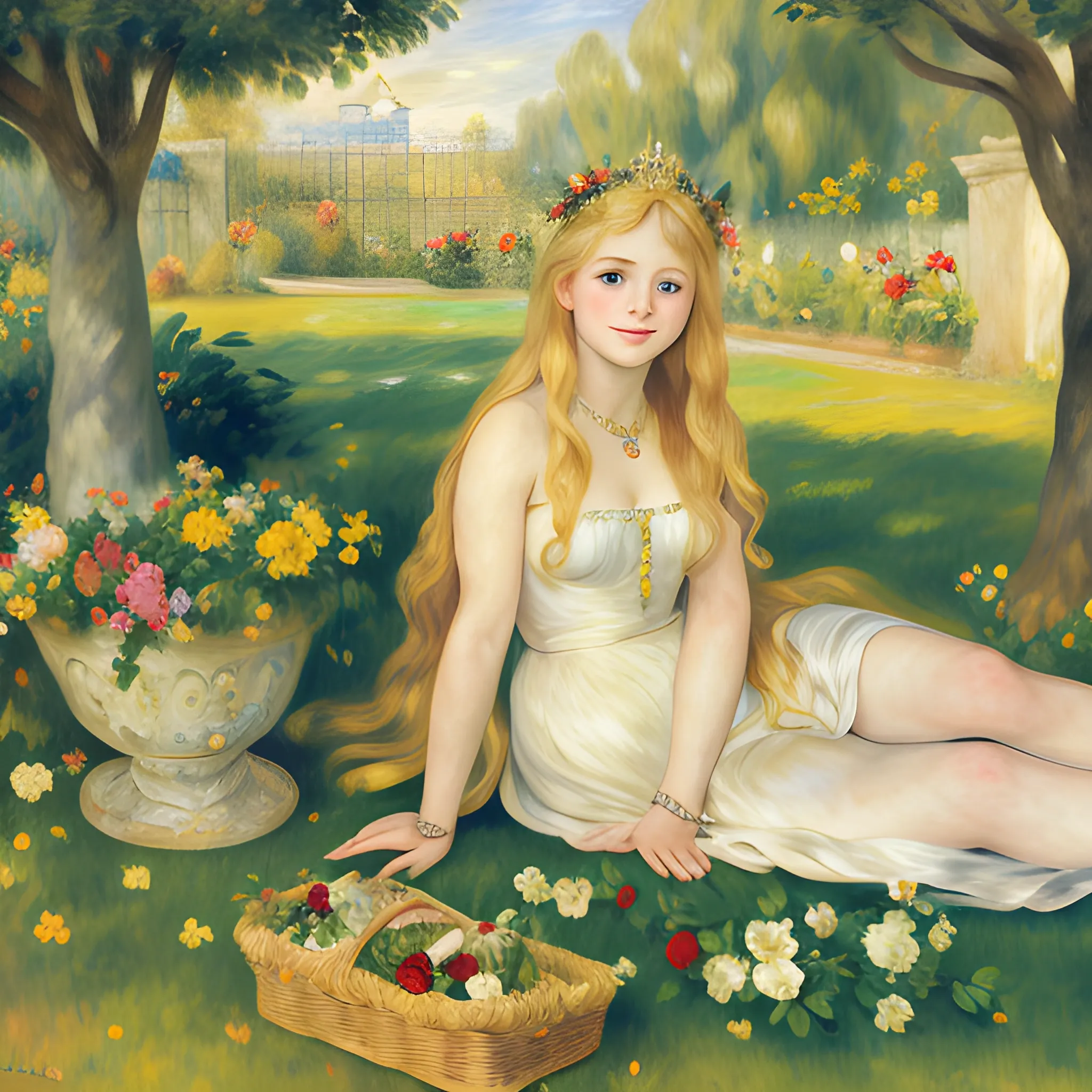 Maiden, long blonde hair, bay leaf crown, in the garden, dawn,Oil Painting,Greek mythology,Full body, Sargent, Renoir, sitting on the grass,Smiling,  beautiful face,Wearing beautiful jewelry, a beautiful face with exquisite symmetry,
Having a picnic on the garden lawn,Beautiful view, no clothes