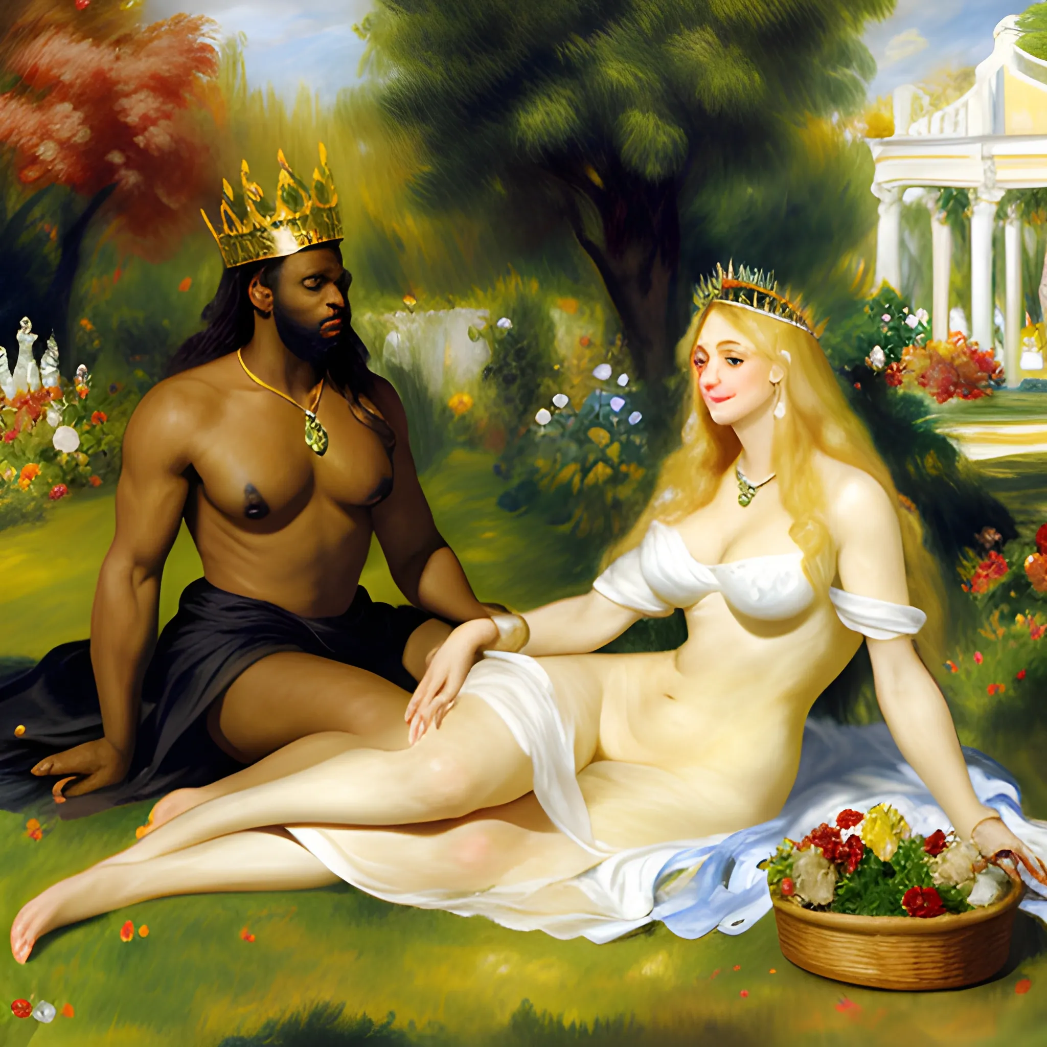 a long blonde hair girl and a black man ,  bay leaf crown, in the garden, dawn,Oil Painting,Greek mythology,Full body, Sargent, Renoir, sitting on the grass,Smiling,  beautiful face,Wearing beautiful jewelry, a beautiful face with exquisite symmetry,
Having a picnic on the garden lawn,Beautiful view, no clothes,Side-facing lens, high quality picture, beautiful body,