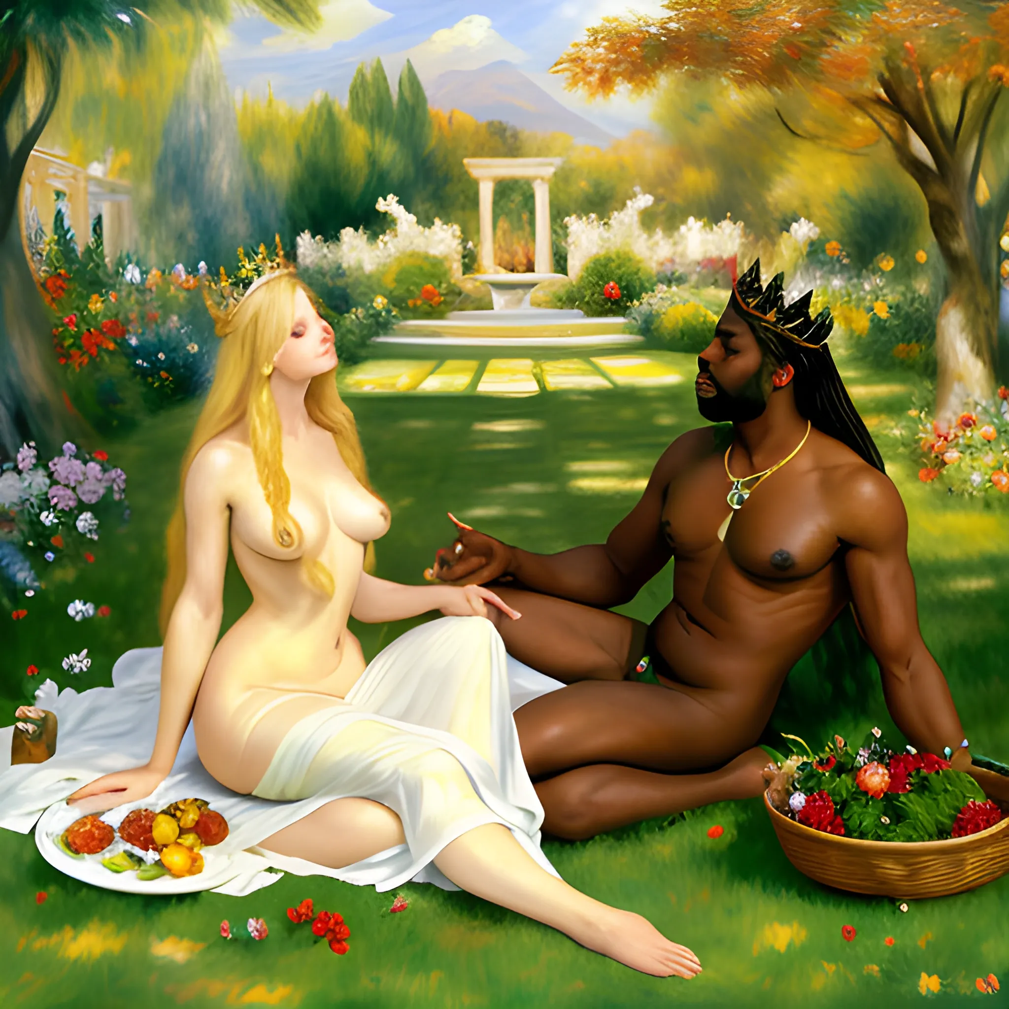 a long blonde hair girl and a black man ,  bay leaf crown, in the garden, dawn,Oil Painting,Greek mythology,Full body, Sargent, Renoir, sitting on the grass,Smiling,  beautiful face,Wearing beautiful jewelry, a beautiful face with exquisite symmetry,
Having a picnic on the garden lawn,Beautiful view, no clothes,Side-facing lens, high quality picture, beautiful body,Seductive, stunning details, happy poses, Trippy