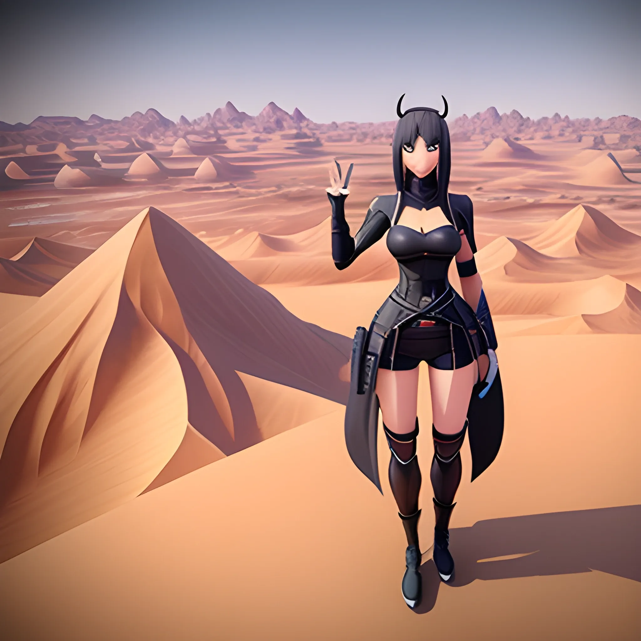 A girl,arknights,the whole body,Desert landscape, Cartoon, 3D