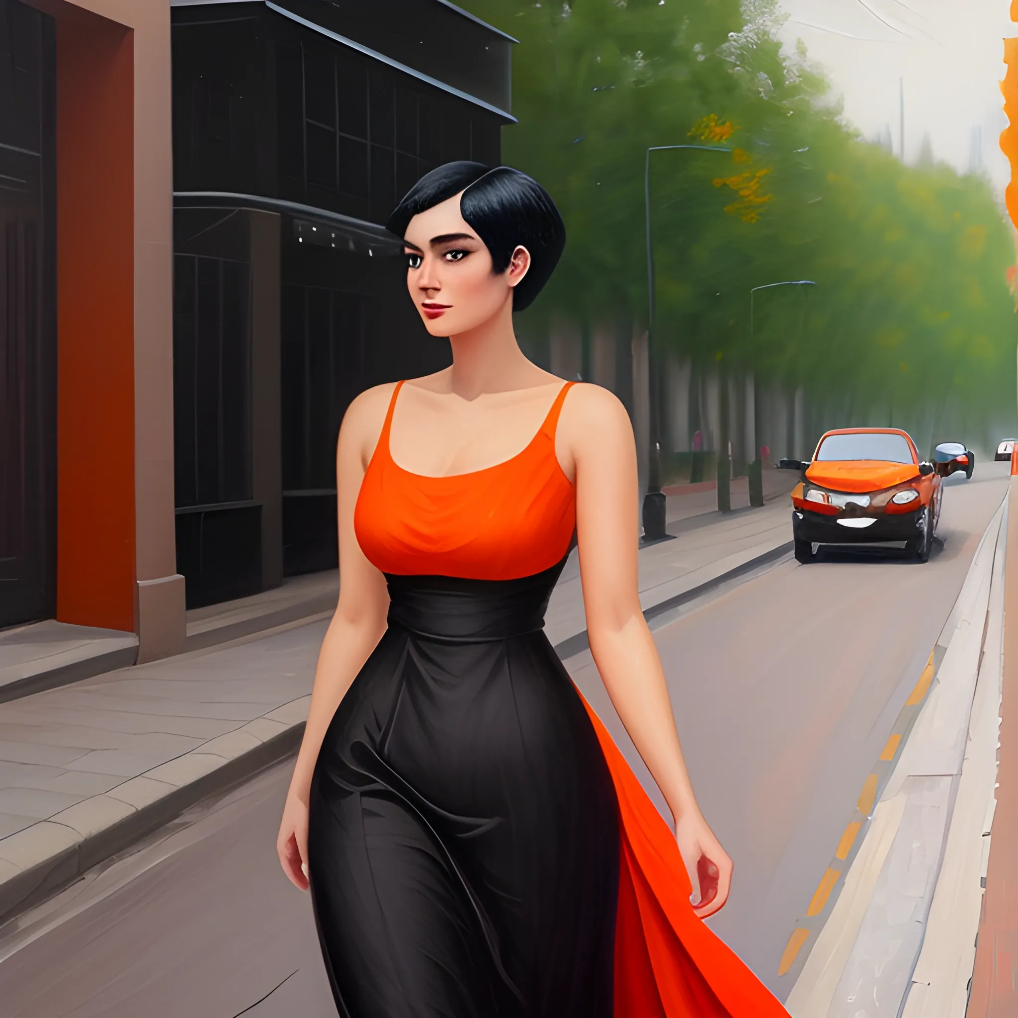 A 20-year-old young woman with short black hair, an innocent and beautiful face, wearing an orange long dress, walking on the street, oil painting style